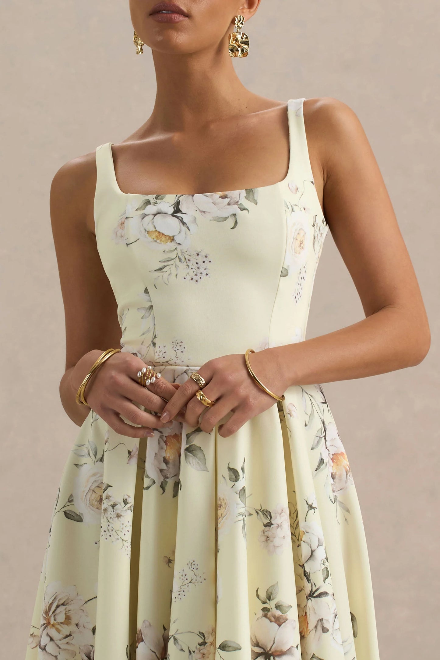 Lissa Lemon Floral Bouquet Print Square-Neck Midi Dress
