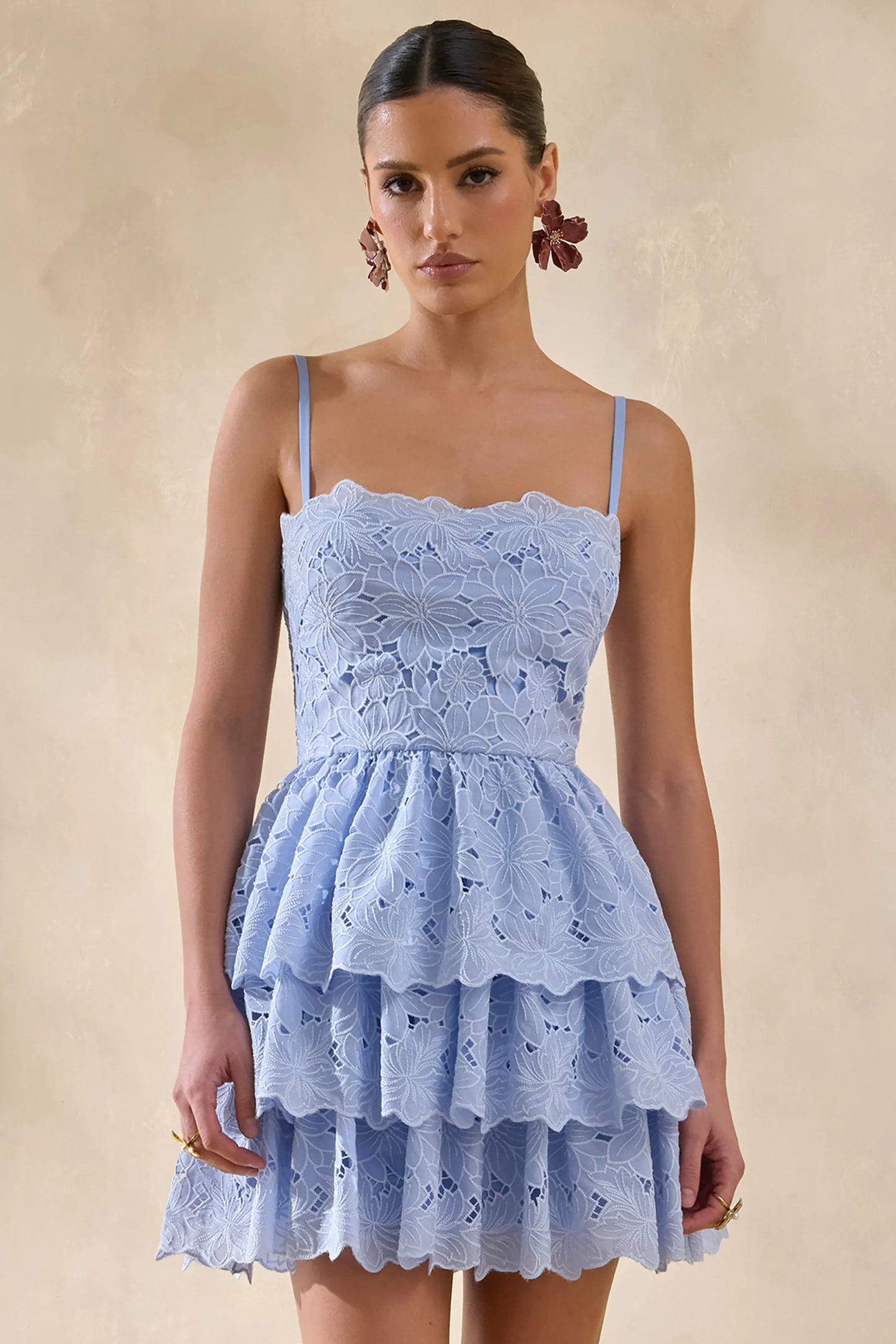 Winona Powder Blue Lace Square-Neck Mini Dress With Ruffled Detailing