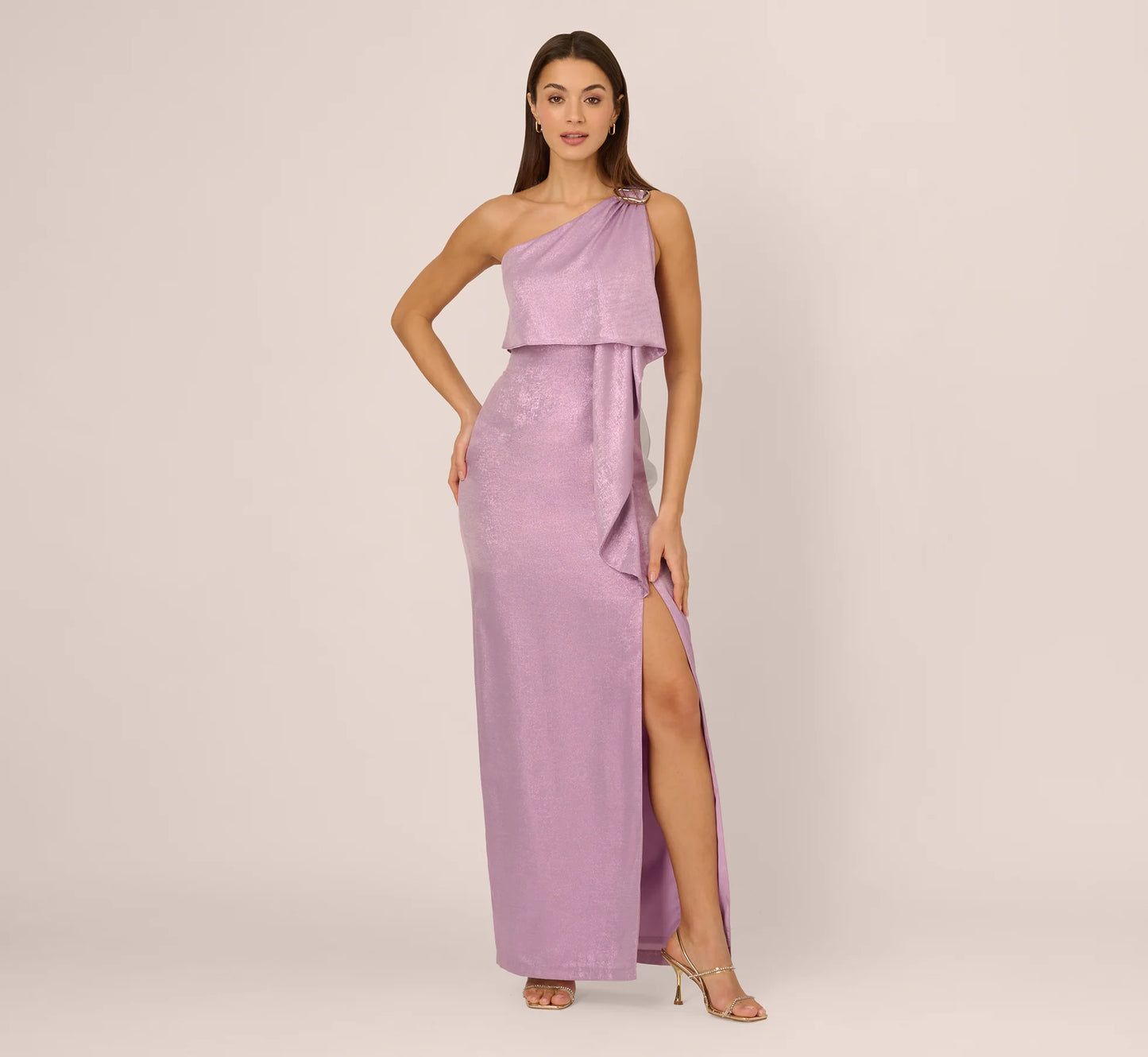 One Shoulder Foil Draped Popover Gown In Light Purple