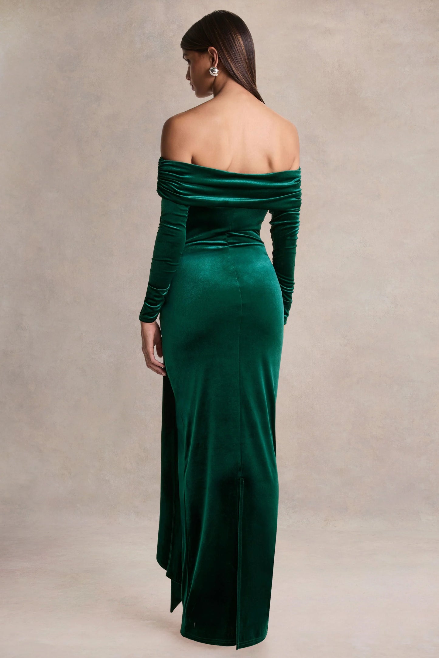 Jessara Bottle Green Bardot-Neck Maxi Dress With Knot-Details
