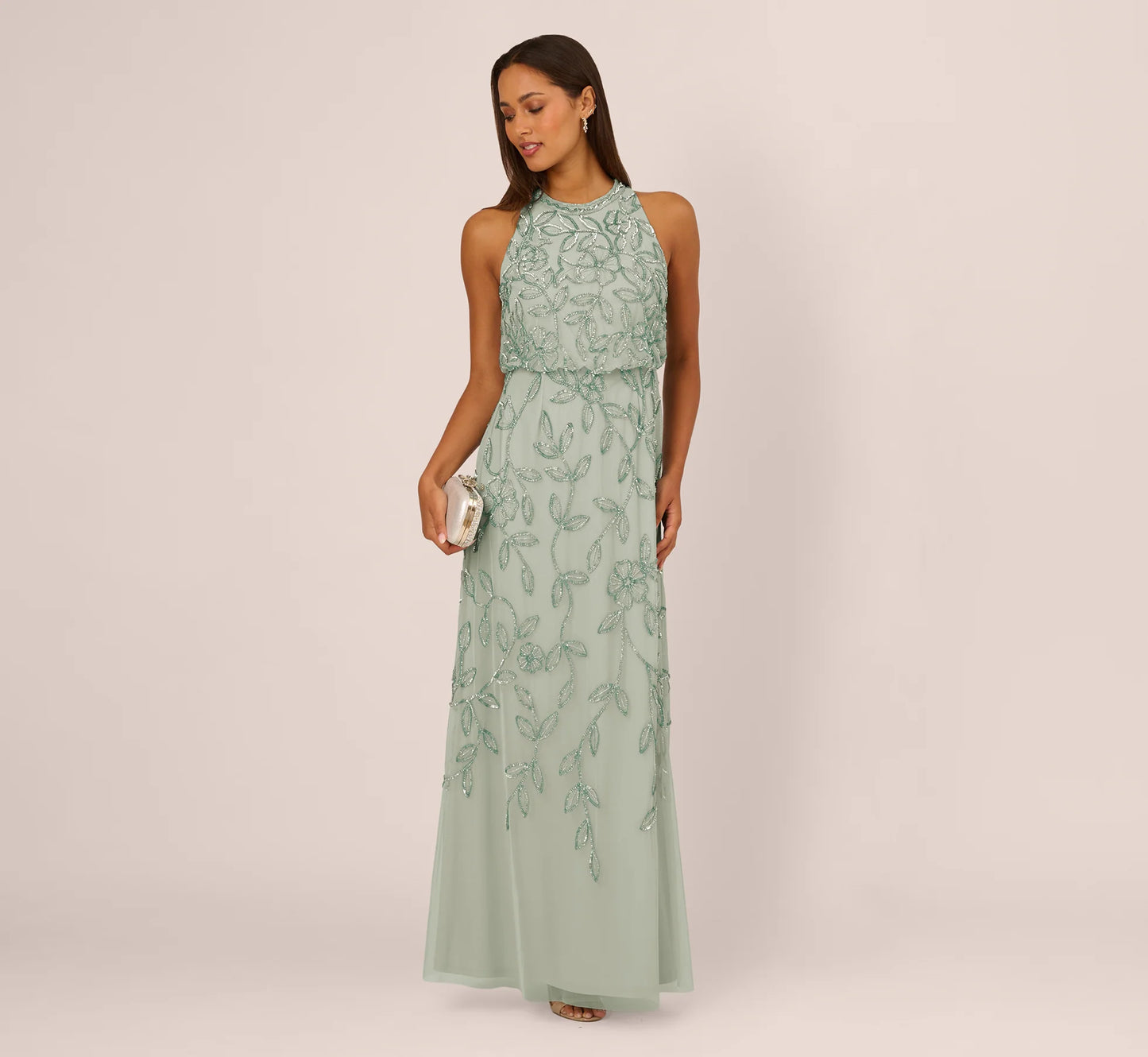 Sleeveless Blouson Mermaid Gown With Jasmine Beading In Aqua Dust