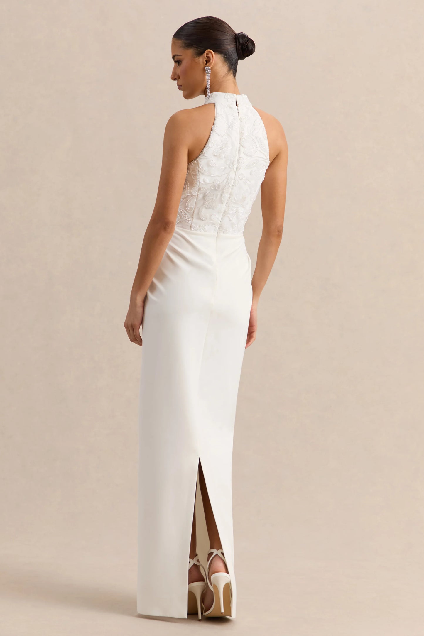 Charlotte White Halter-Neck Maxi Dress With Gathered-Detailing