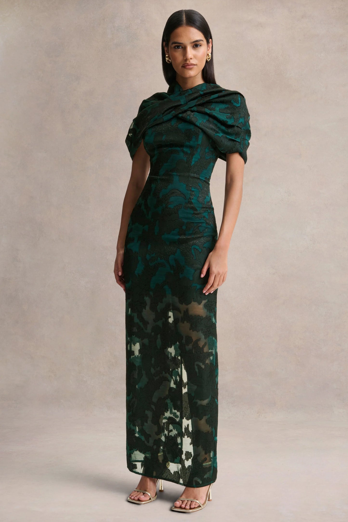 Hada Dark Green Satin Devore Square-Neck Maxi Dress With Removable Twisted-Cape