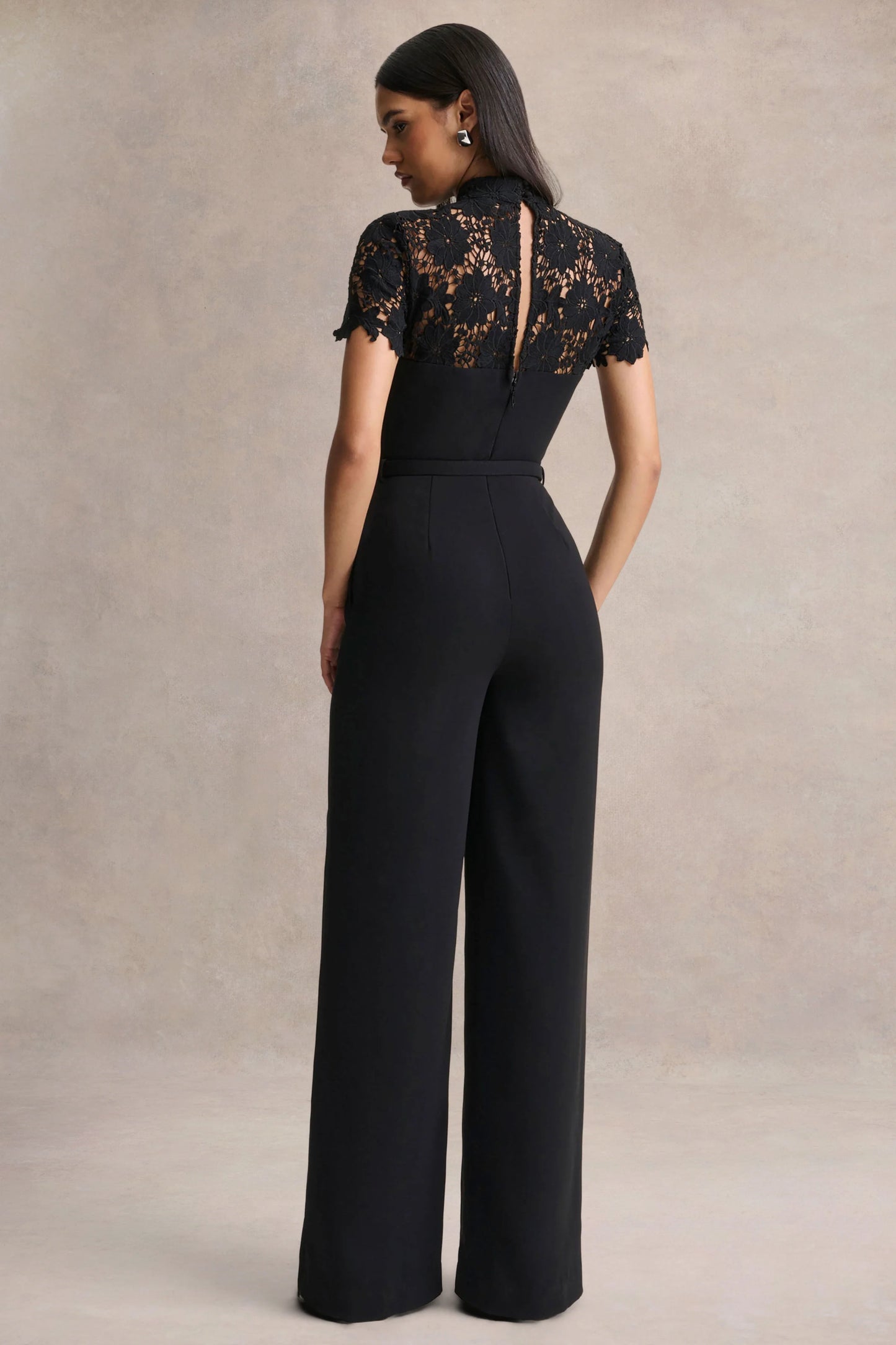 Orlina Black High-Neck Jumpsuit With Lace Detailing