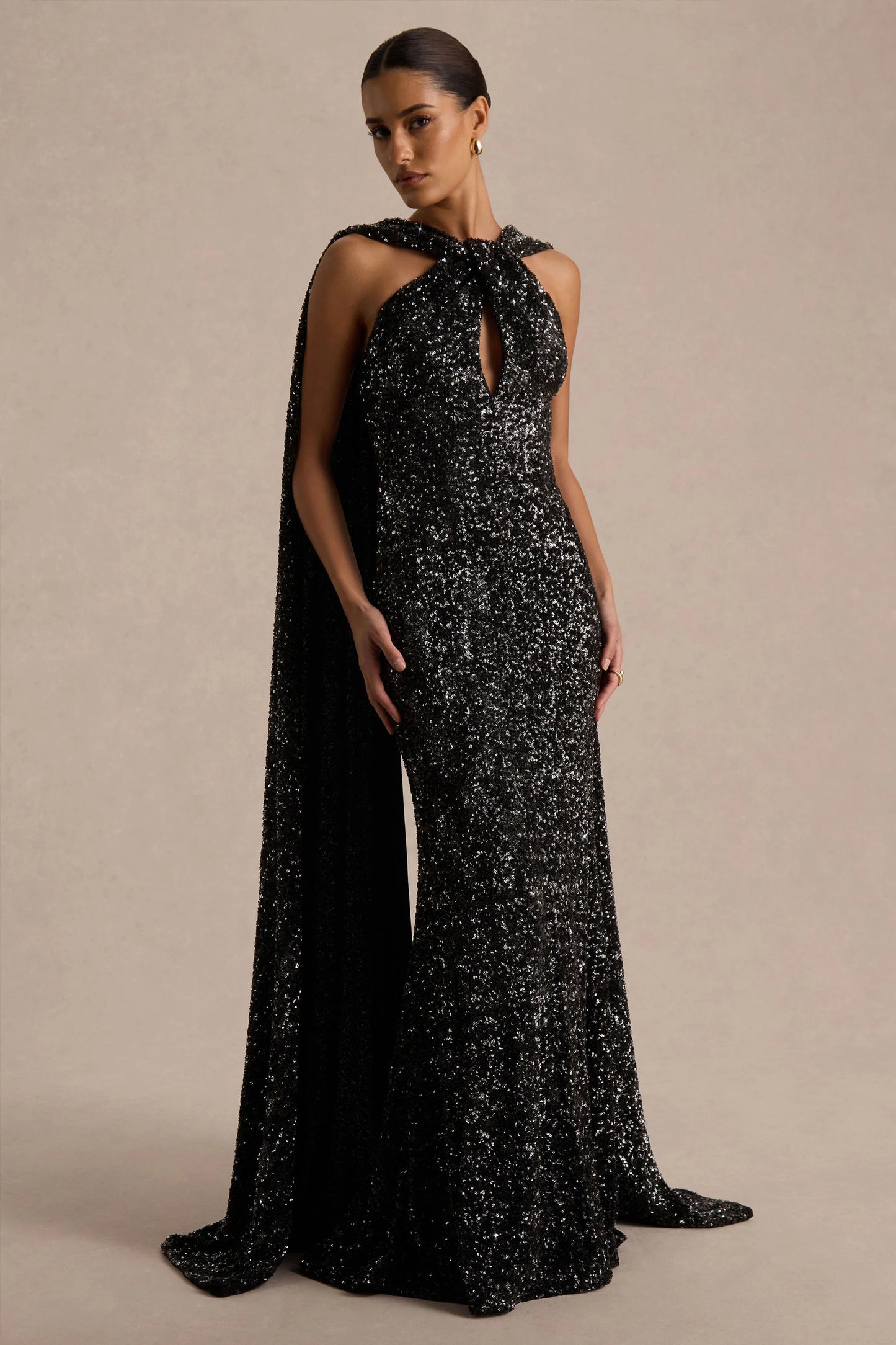 Renelle Black Sequin Halter Neck Maxi Dress