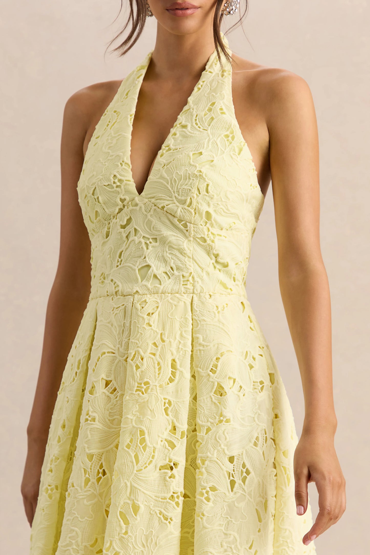 Maribel Lemon Lace Plunge-Neck Midi Dress