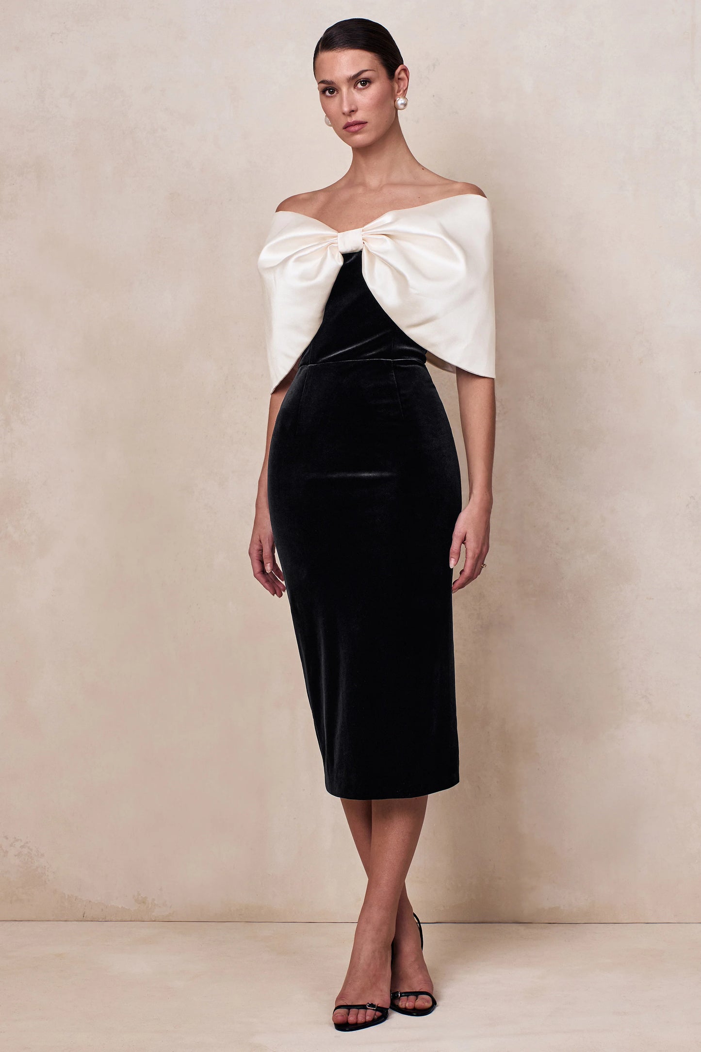 Twilight Black And White Velvet Bardot-Neck Midi Dress With Oversized Satin Bow