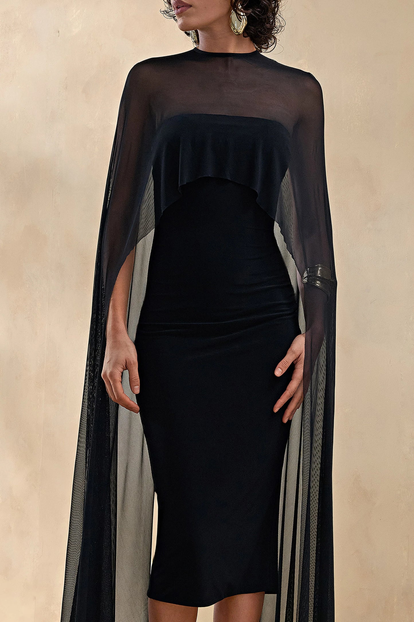 Filippa Black Crew-Neck Midi Dress With Sheer Cape-Sleeves