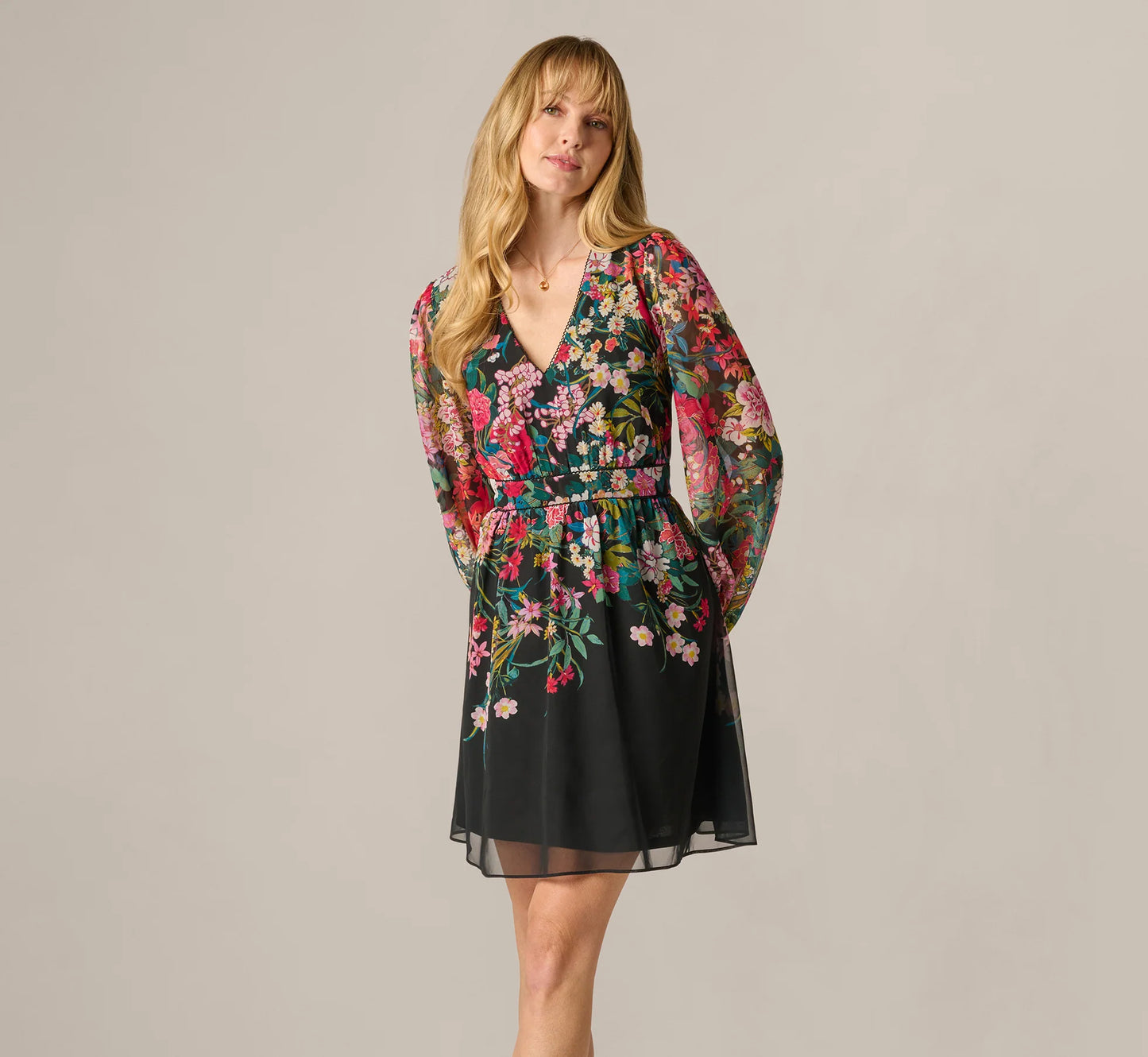 Long Sleeve Wildflower Print Short Dress In Black Multi