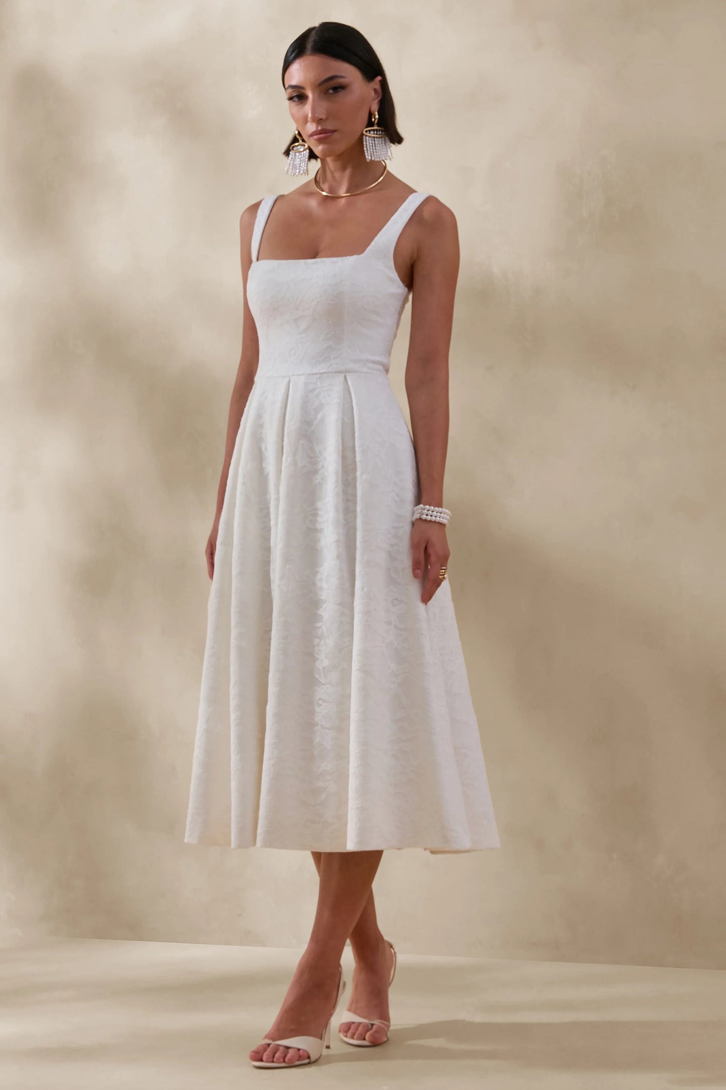 Ashmara White Lace Square-Neck Midi Dress