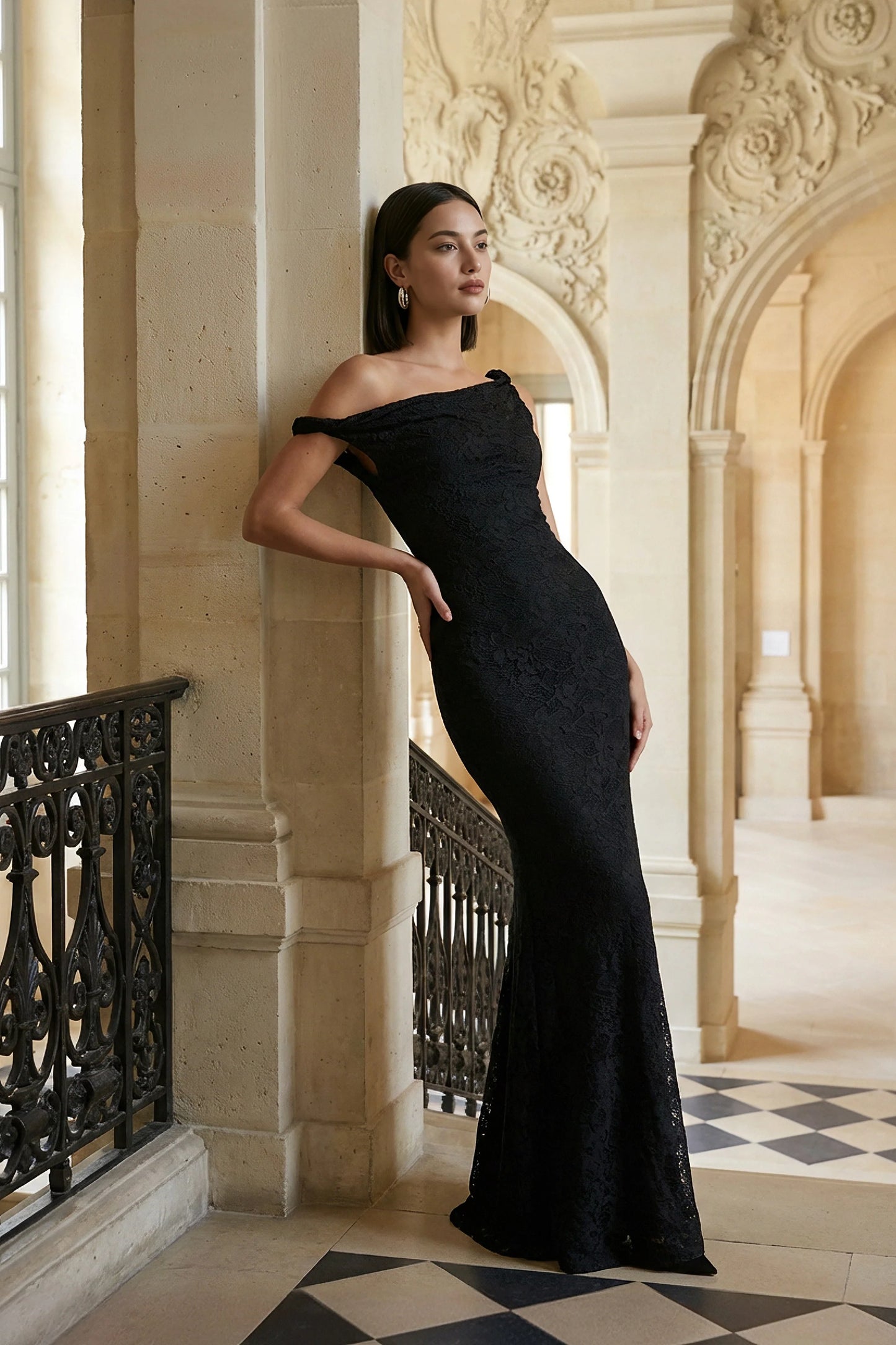Afina Black Lace Asymmetric-Neck Maxi Dress