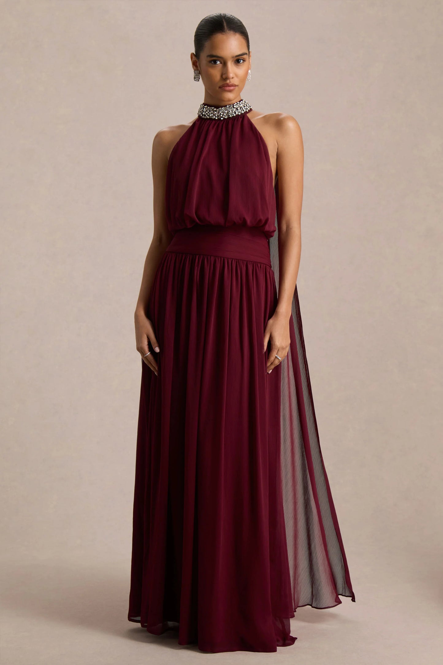 Marie Burgundy Halter-Neck Maxi Dress With Embellished Detailing