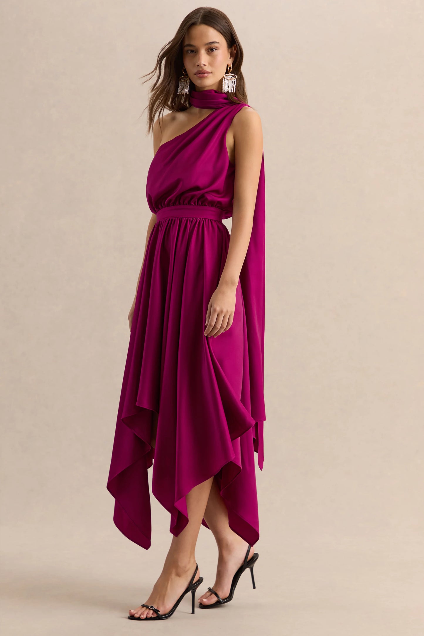 Caluna Hot Pink Satin Asymmetric-Neck Midi Dress With Scarf-Detail
