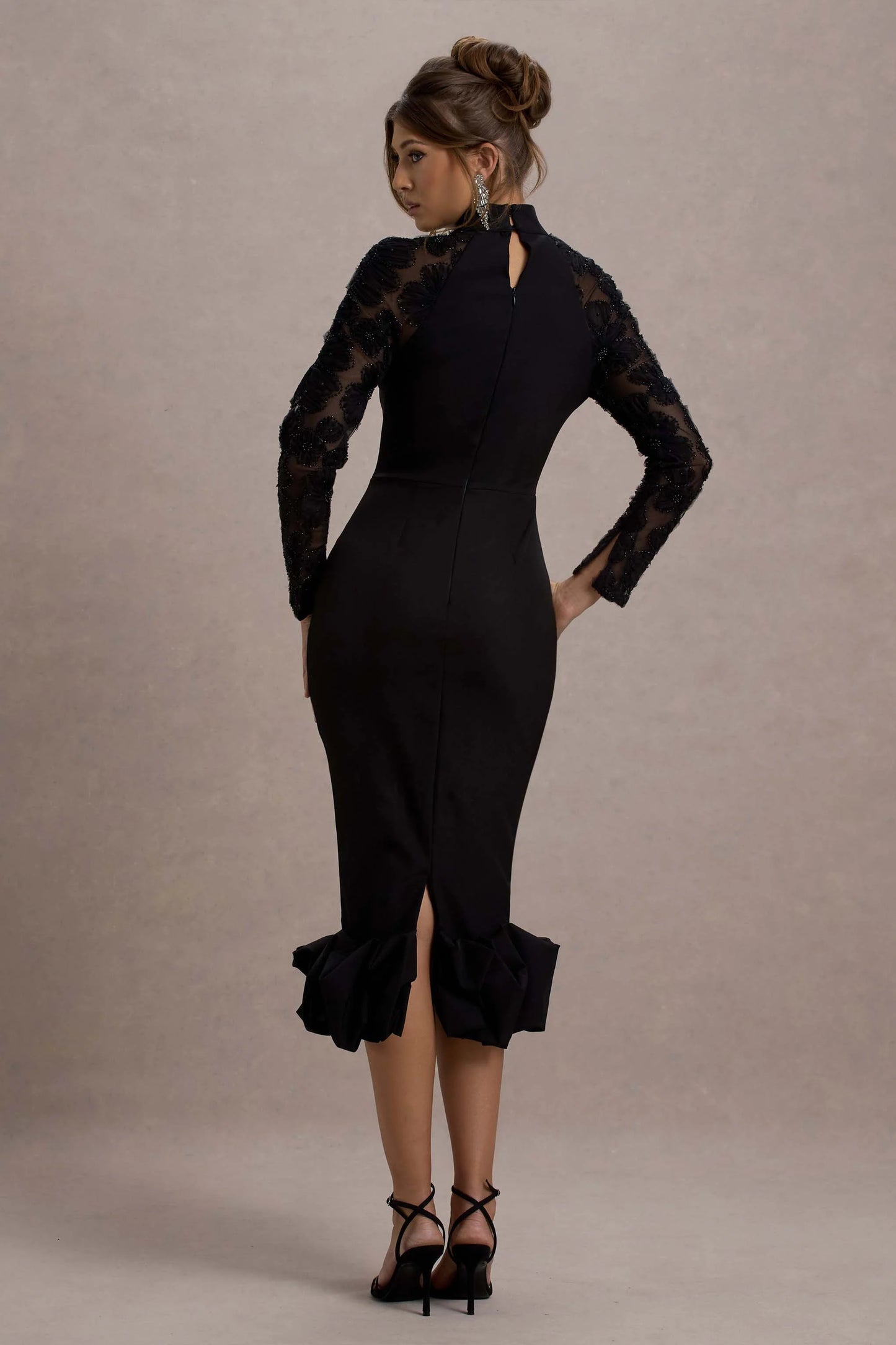Chandra Black Mesh Long-Sleeve Midi Dress With Ruffle Hem