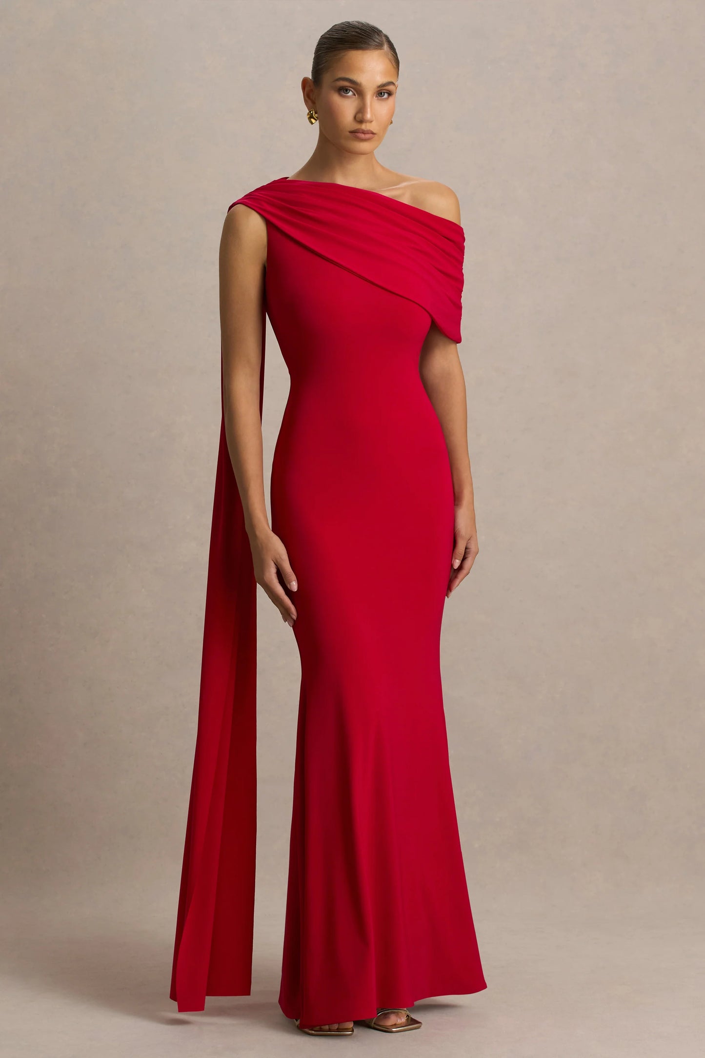 Zendaya Red Asymmetric-Neck Fishtail Maxi Dress With Sash