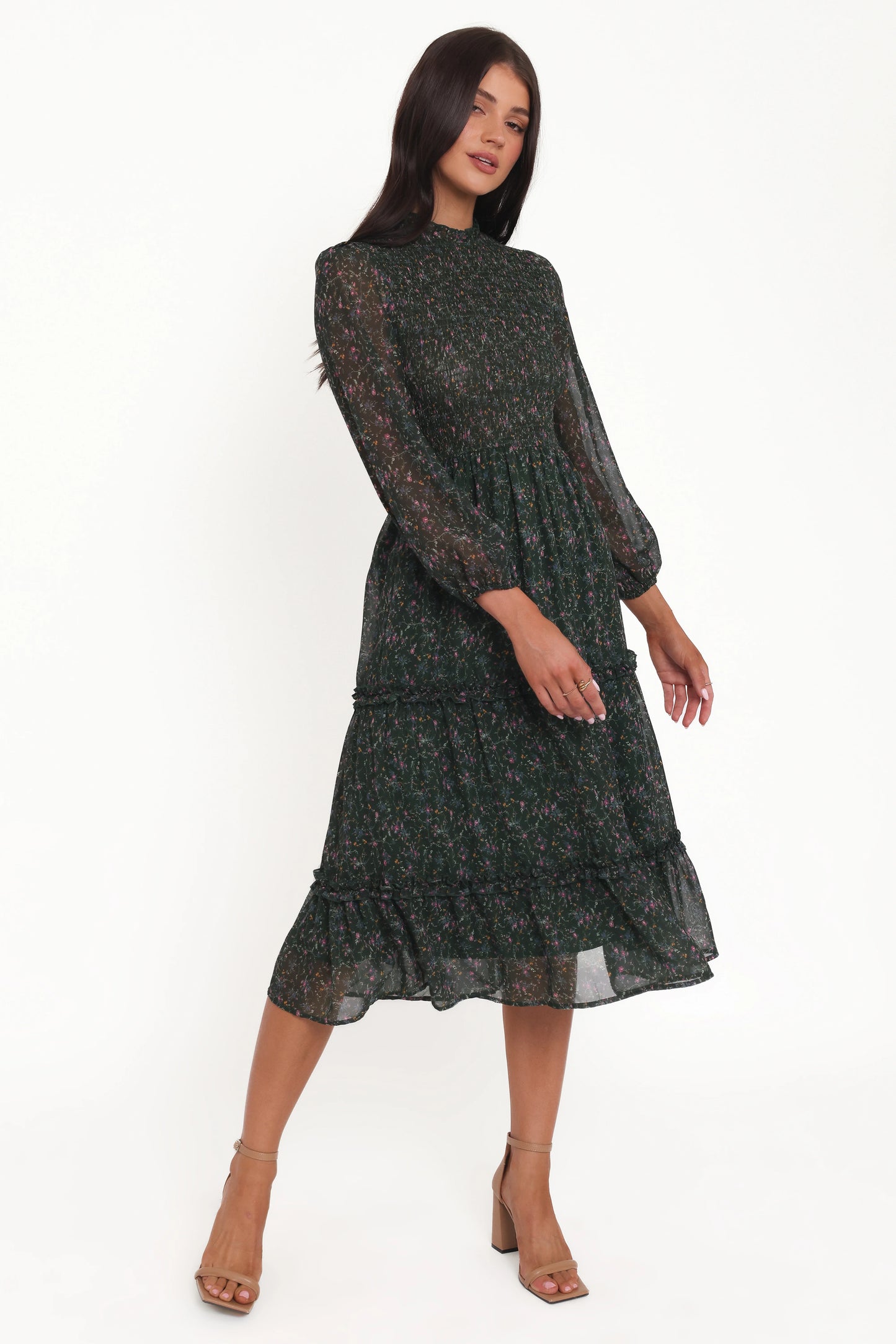Edwina Shirred Frill Long Sleeve Midi Dress - Olive Floral