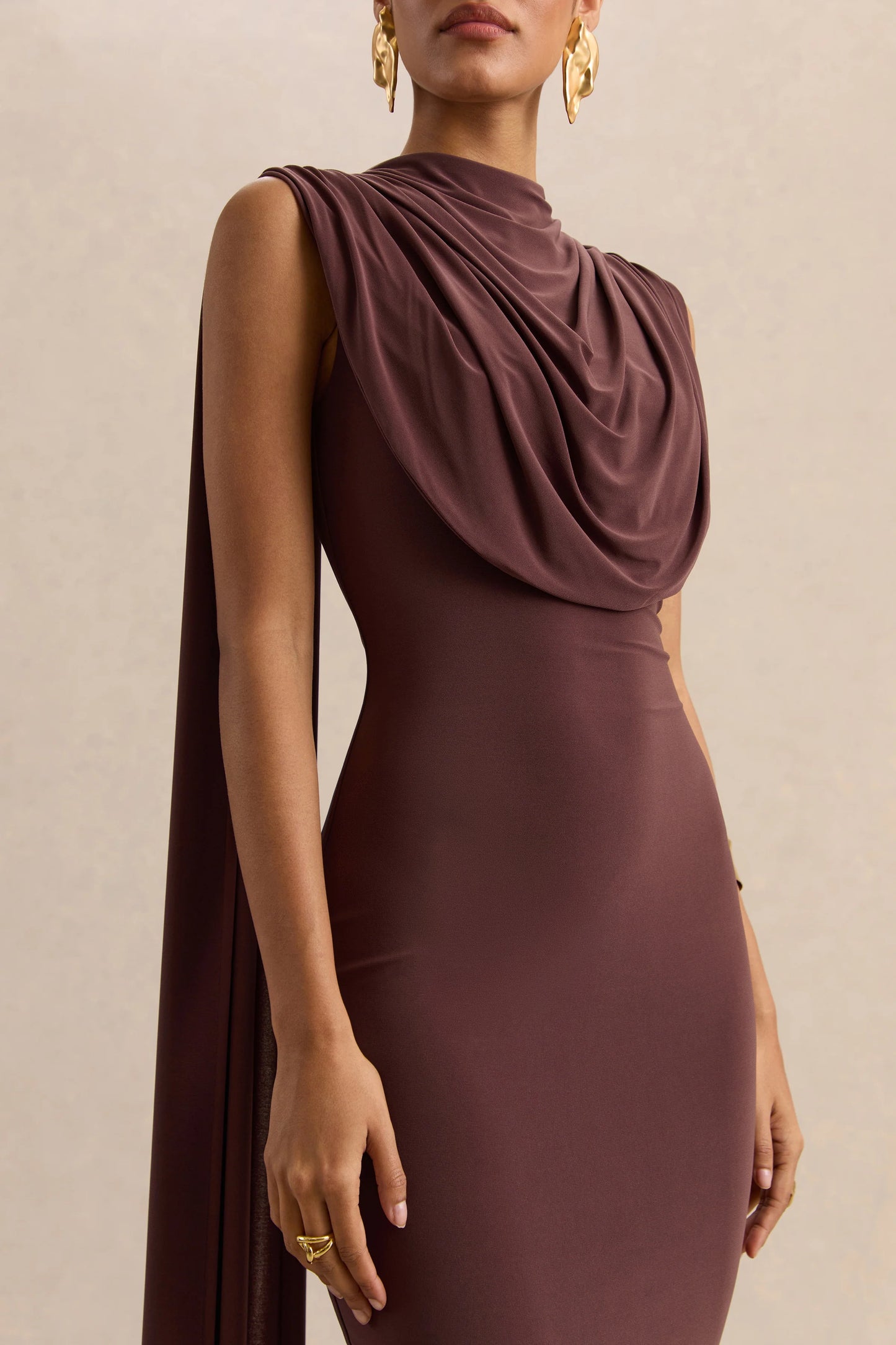 Patrina Brown High-Neck Maxi Dress With Draped-Detailing And Cape-Sleeves