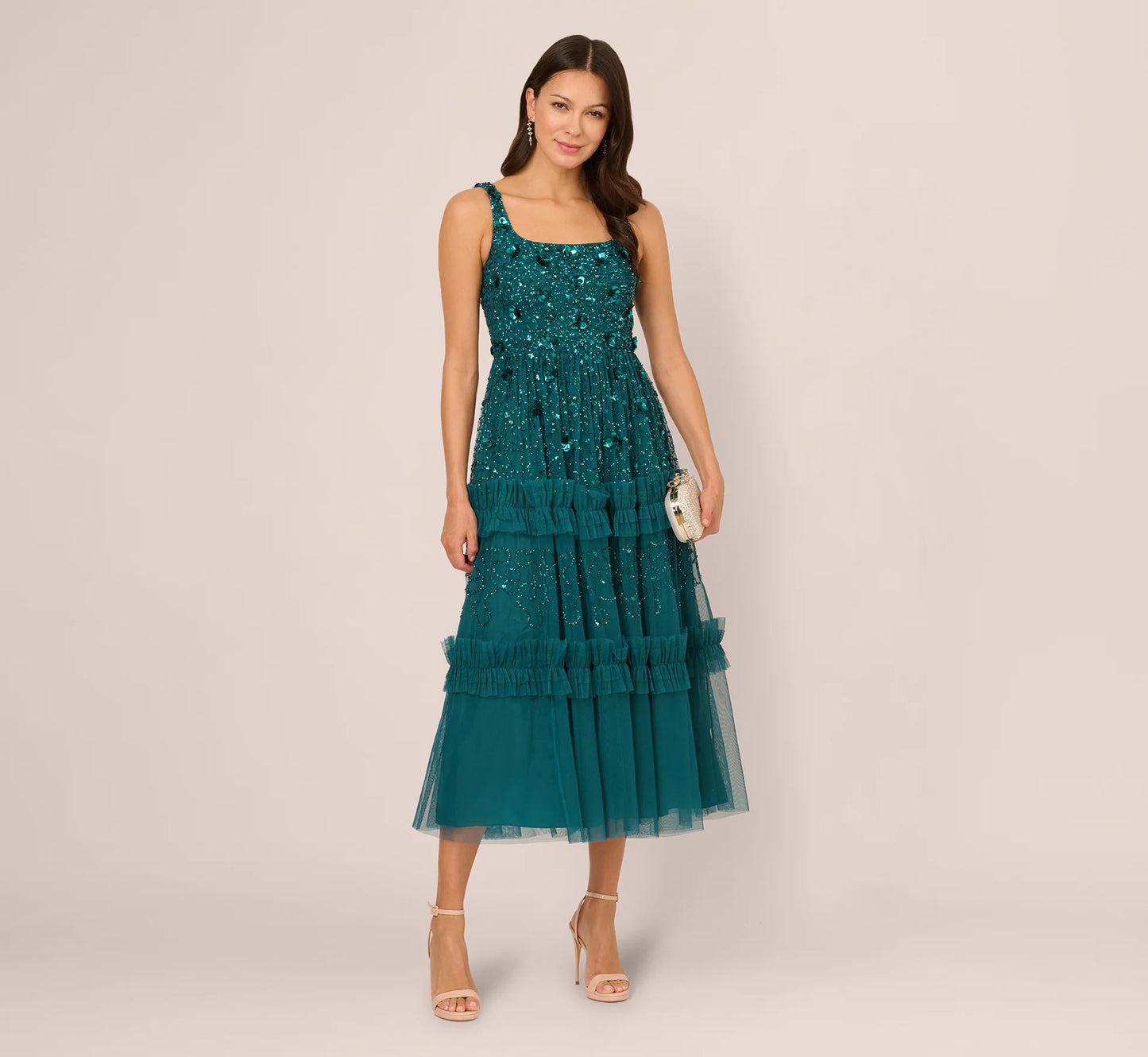 Sleeveless Floral Beaded Ruffle Midi Dress In Deep Azure