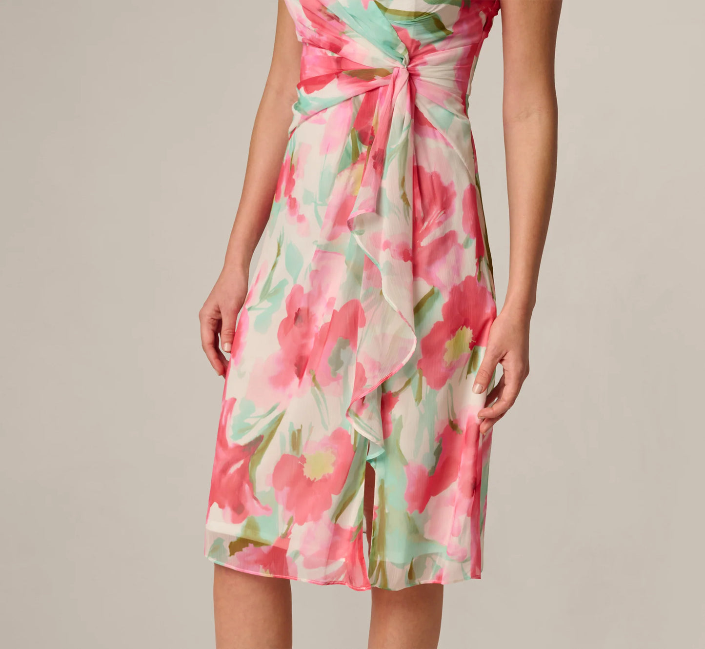 Sleeveless Draped Floral Chiffon Midi Sheath Dress In Coral Green Multi