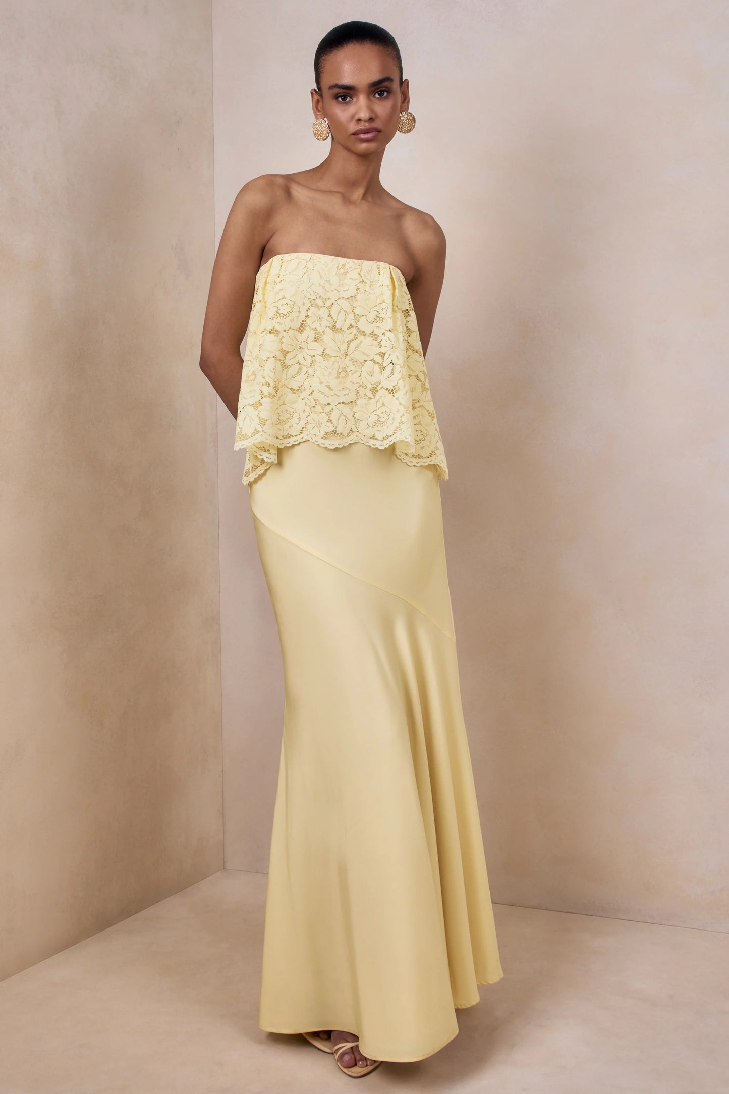 Clemency Lemon Lace And Matte Satin Bandeau Maxi Dress
