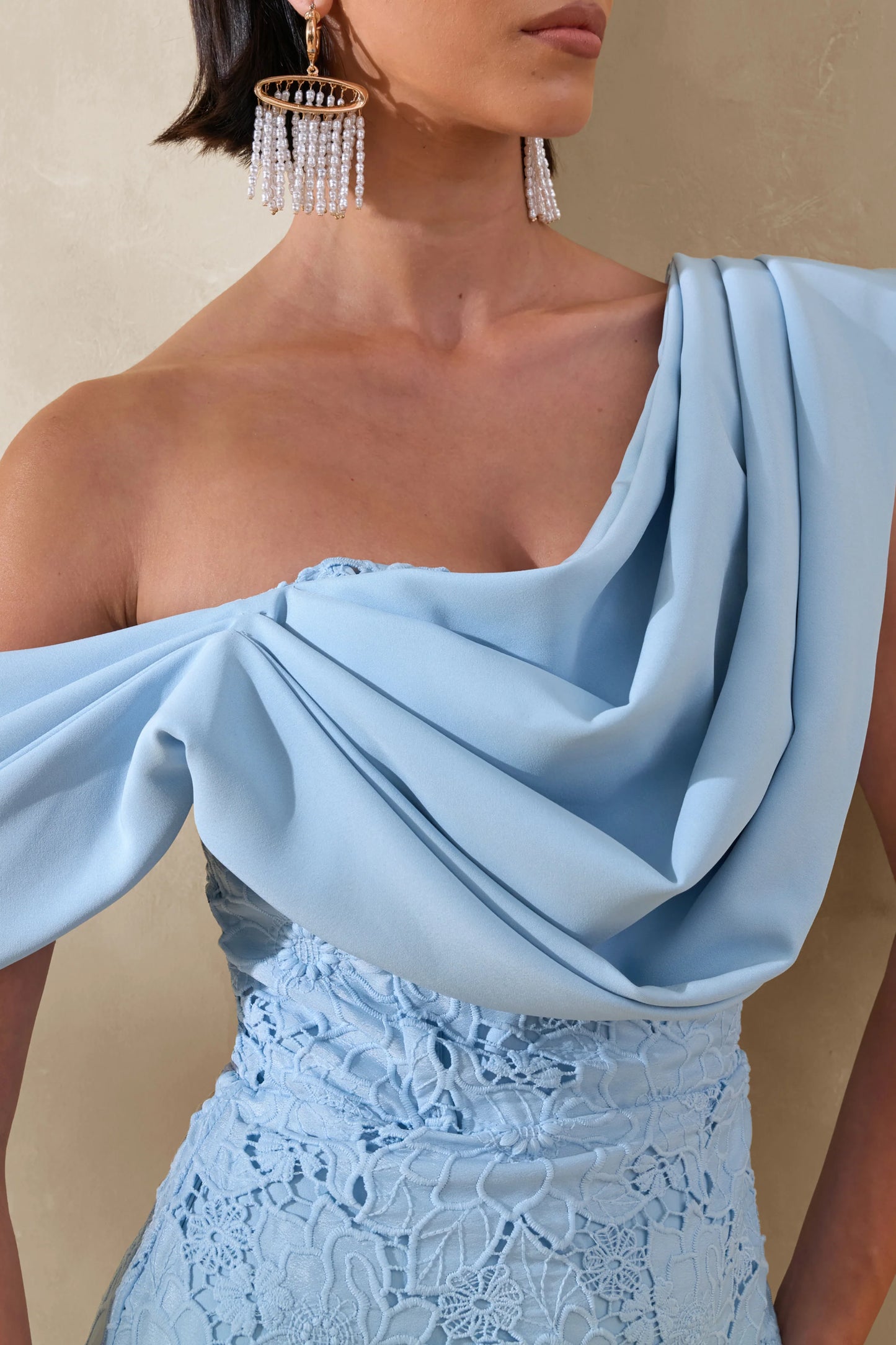 Loria Powder Blue Lace Asymmetric-Neck Midi Dress With Draped Detailing