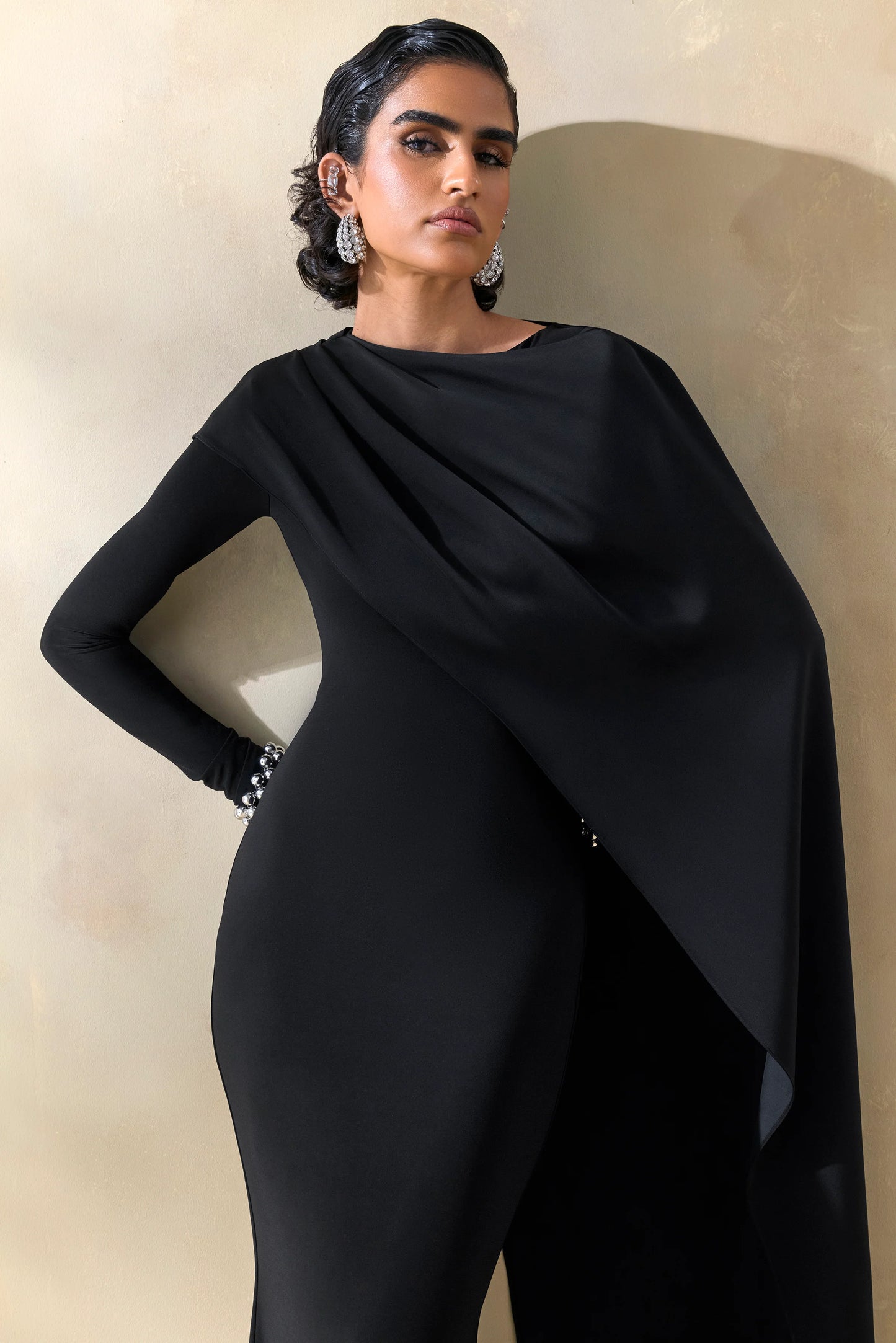 Salenne Black Wide-Neck Maxi Dress With Satin Asymmetric-Cape