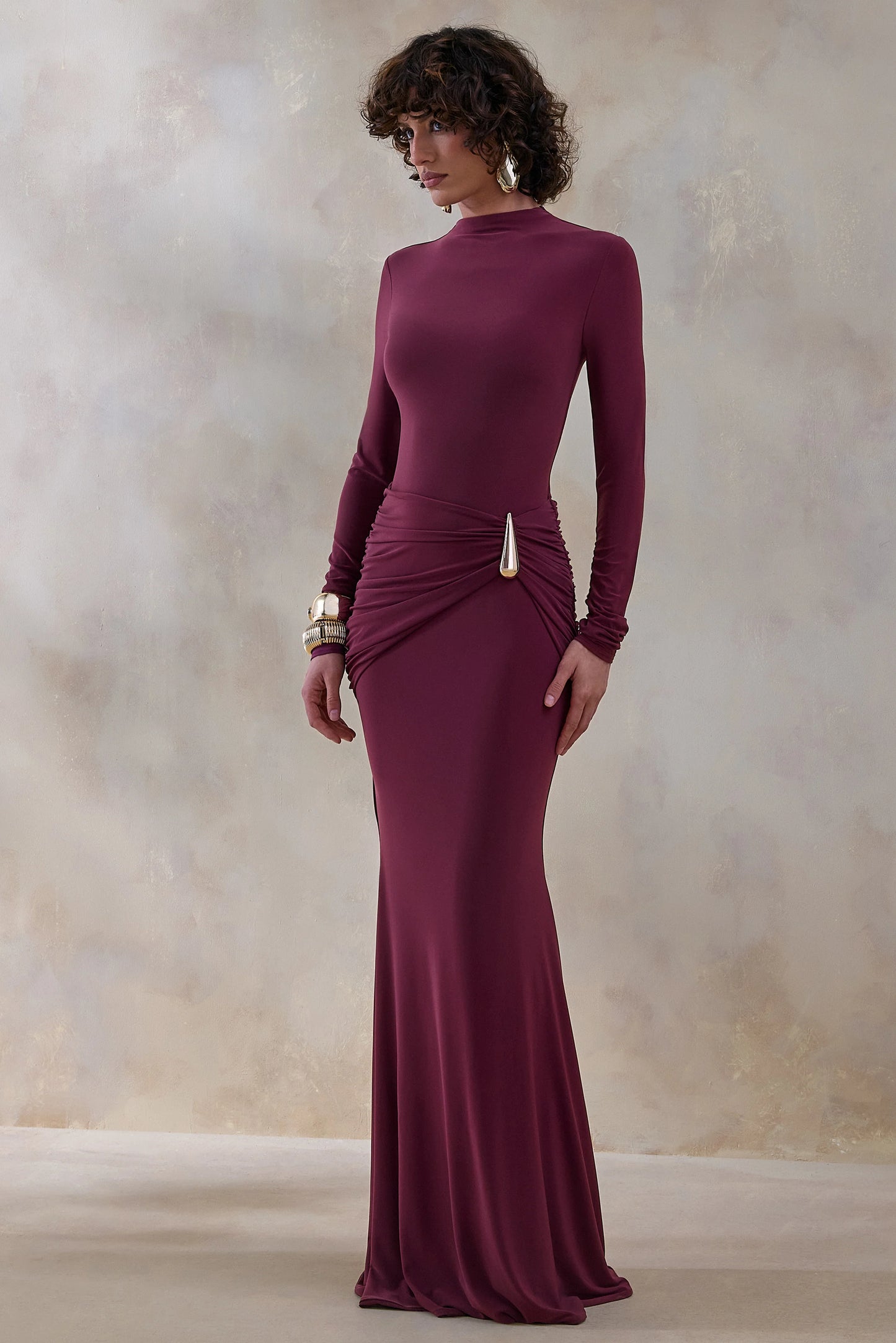 Solarium Burgundy Long-Sleeve Maxi Dress With Gold Detail