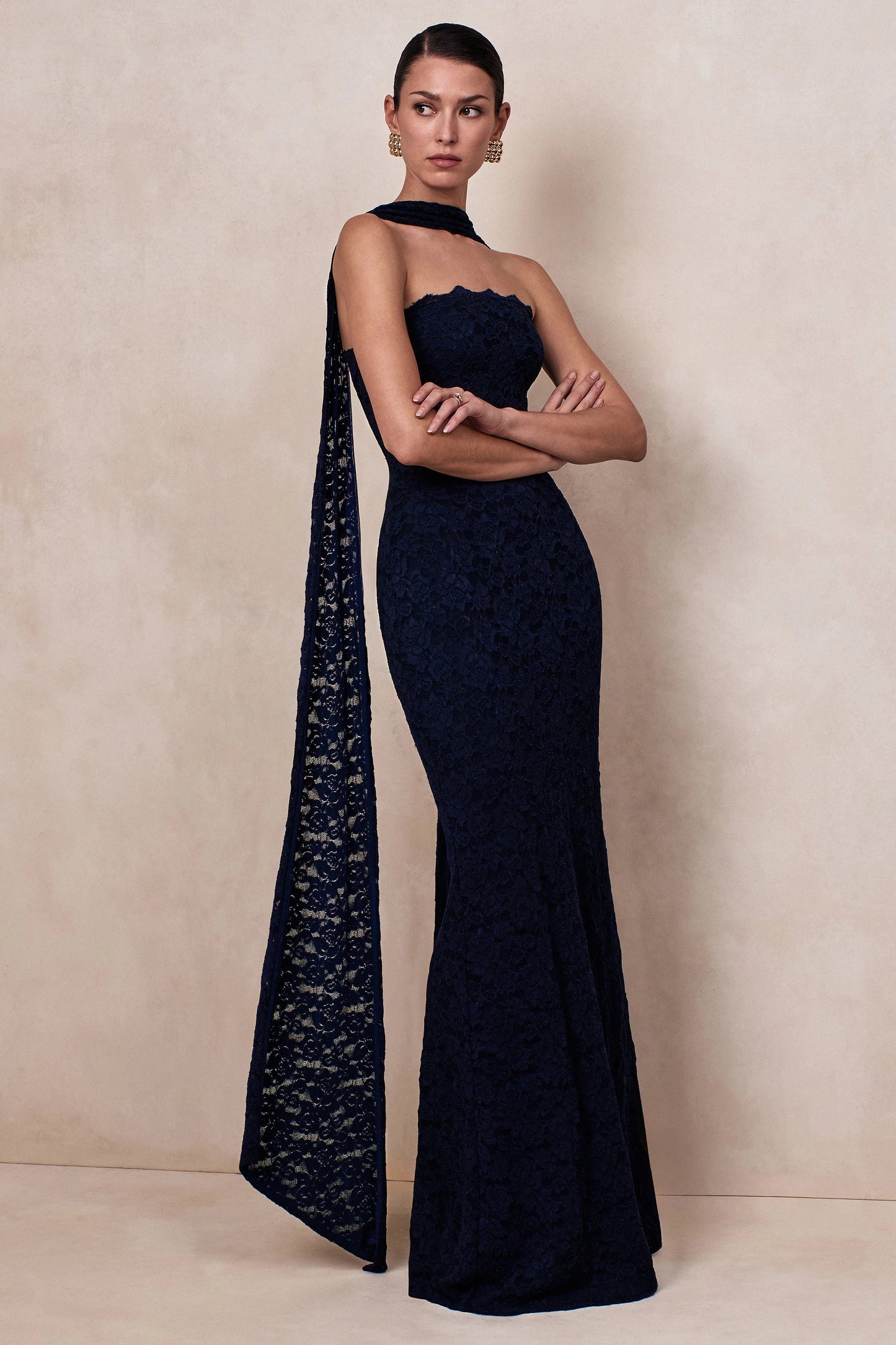 Massima Navy Lace Bandeau Maxi Dress With Scarf-Detail