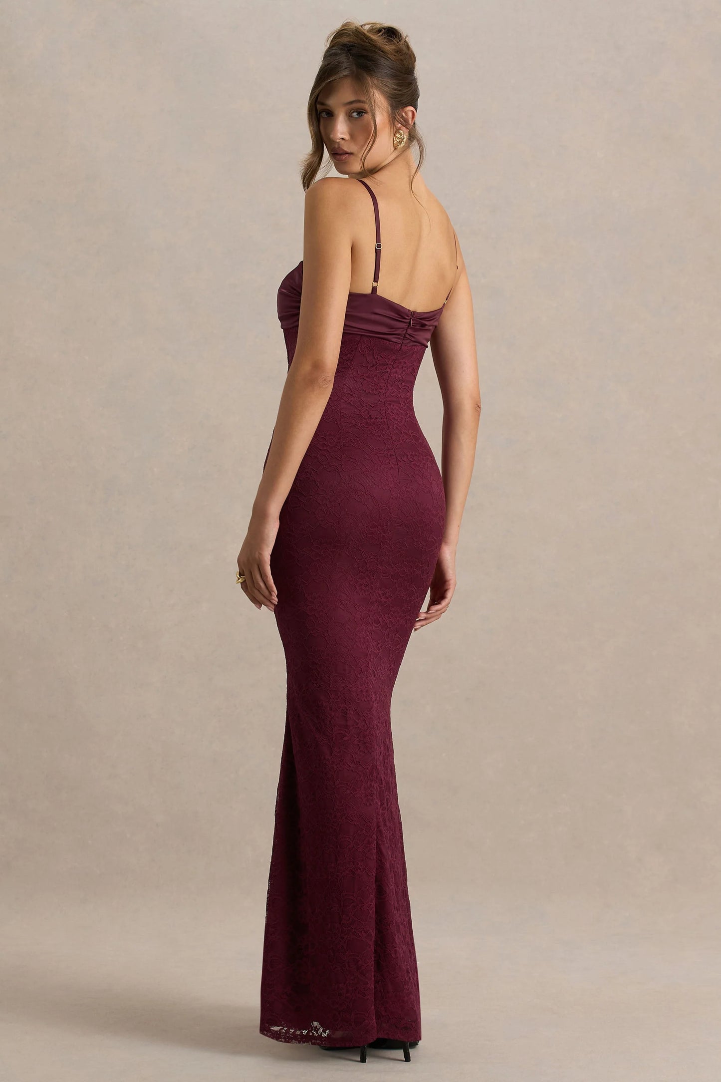 Juana Burgundy Lace And Satin Sweetheart-Neck Satin Maxi Dress