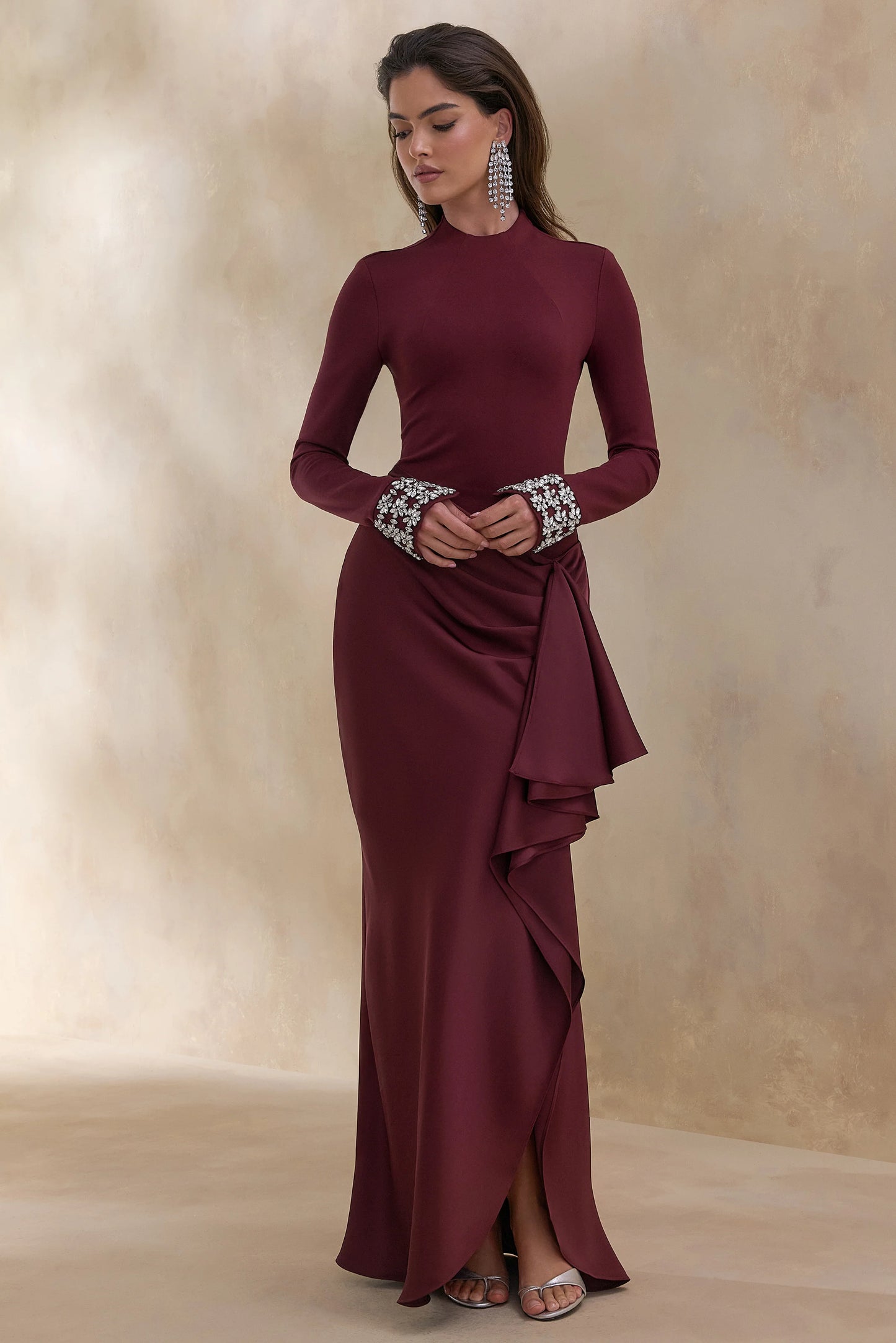 Starred Burgundy Crew-Neck Maxi Dress With Drop-Waist And Satin Wrap-Skirt