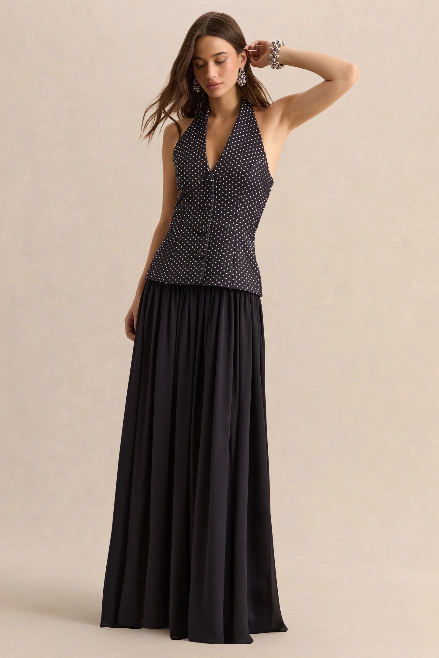 Zarina Black & White Polka-Dot Plunge-Neck Maxi Dress
