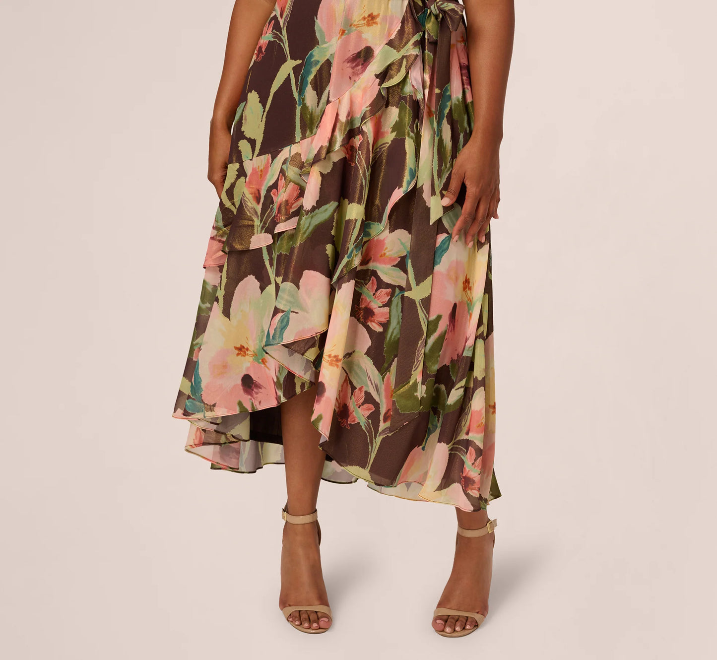 Plus Size Flutter Sleeve High Low Midi Wrap Dress In Brown Multi