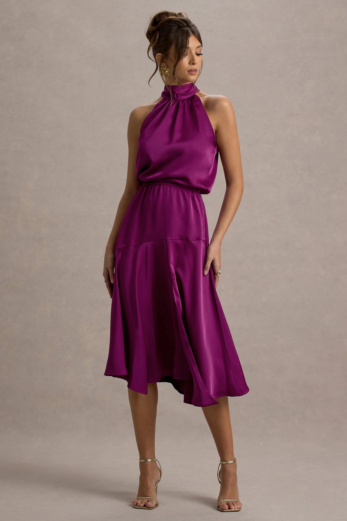 Palonia Dark Pink Satin High-Neck Split Midi Dress