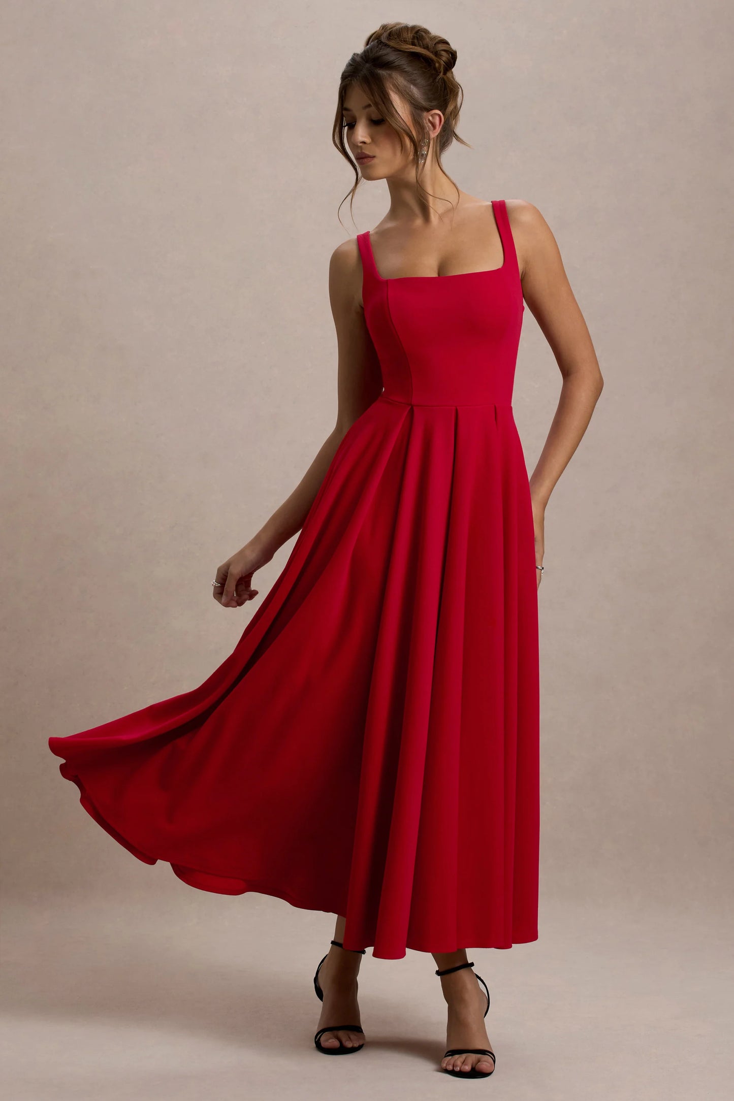 Parina Red Strappy Volume-Hem Midi Dress