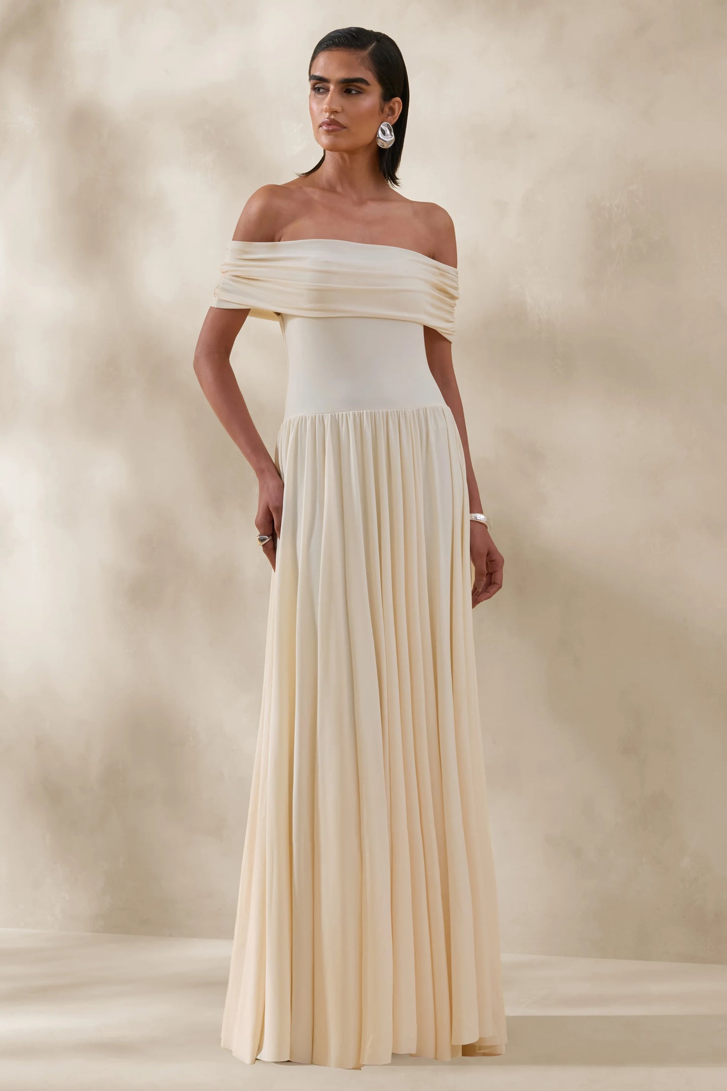 Cindie Cream Bardot-Neck Maxi Dress