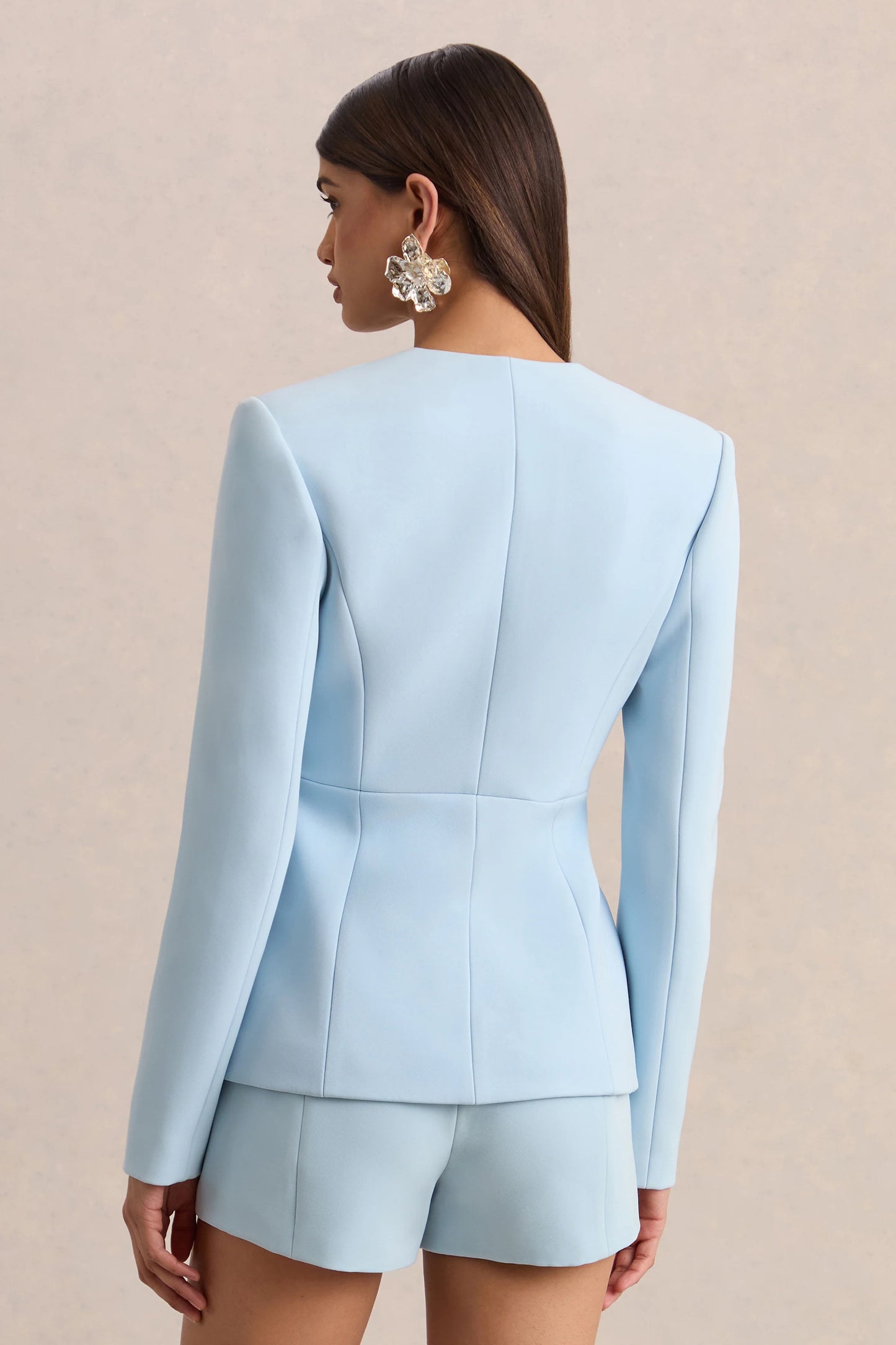 Rosalina Light Blue Extreme-Plunge Neck Tailored Blazer