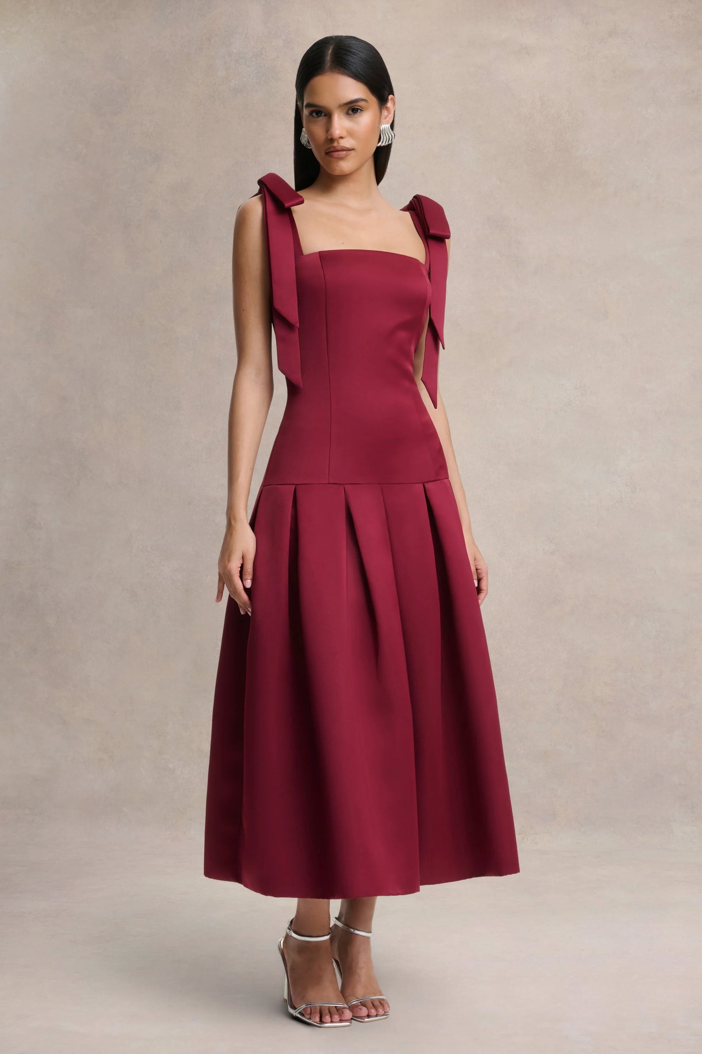 Alberta Burgundy Satin Square-Neck Midi Dress With Bow Straps