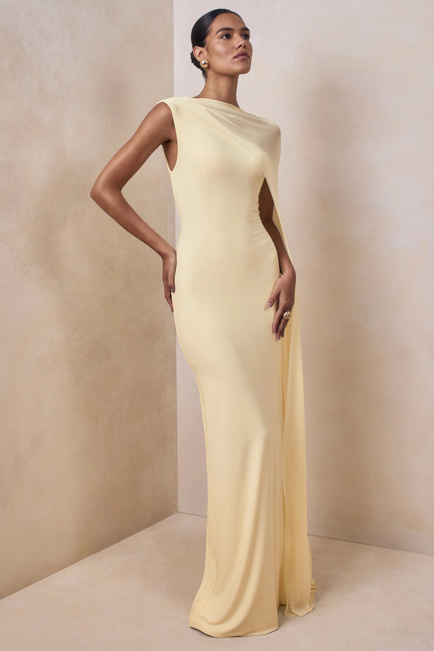 Mirelle Lemon Boat-Neck Maxi Dress With Cape-Sleeve