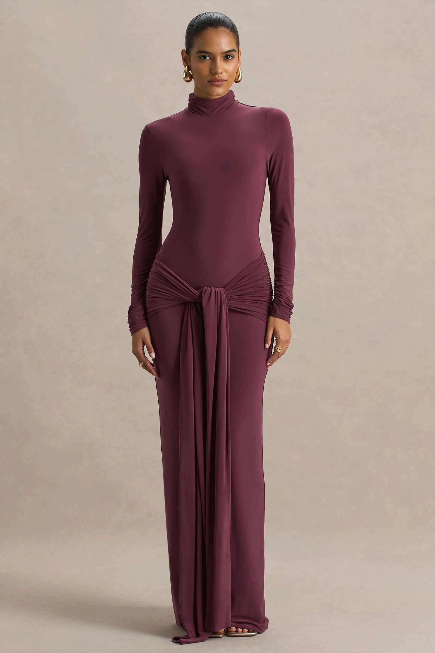 Myra Burgundy High-Neck Maxi Dress With Sash and Ruched Detailing