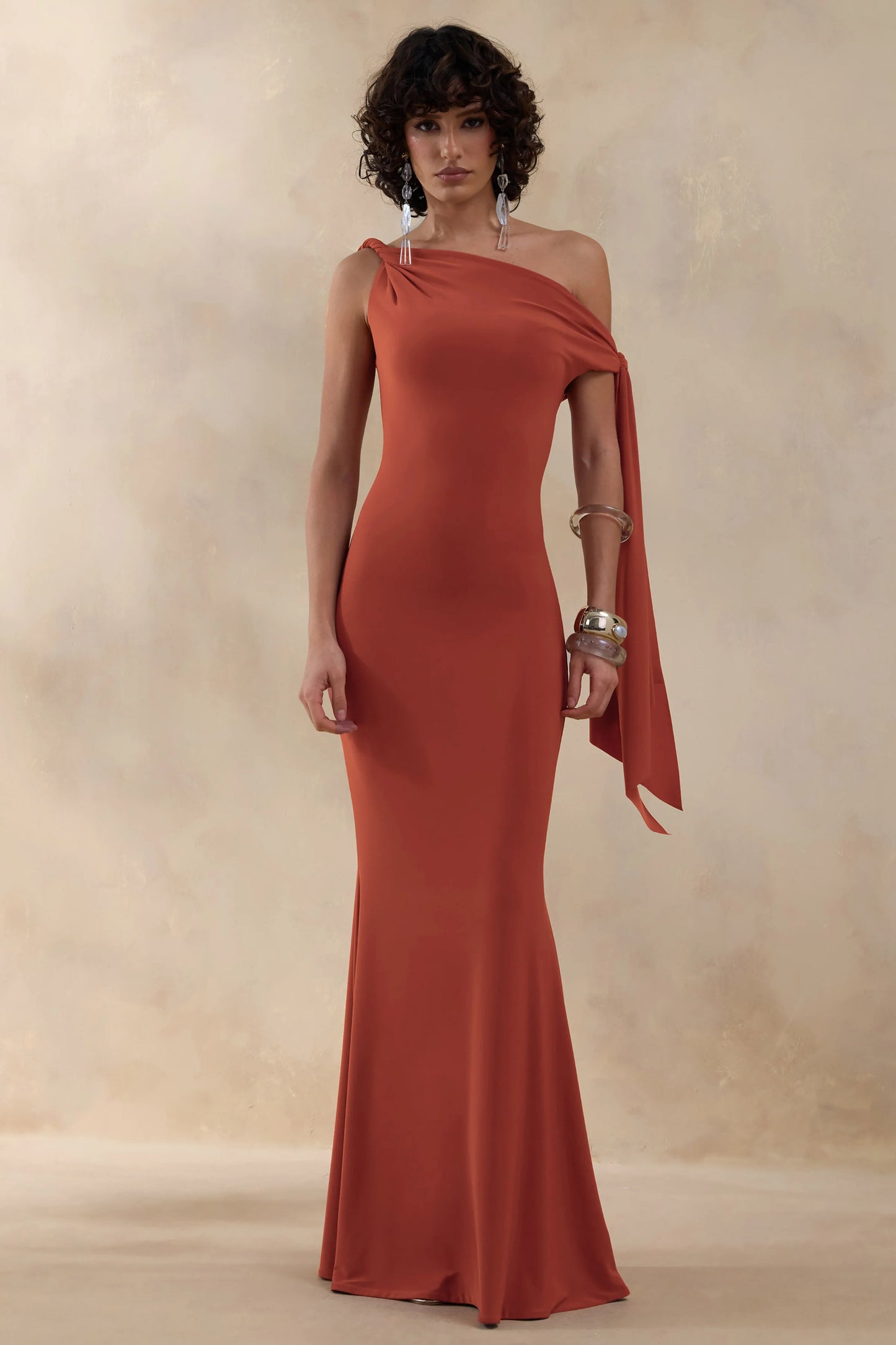 Vista Rust Asymmetric-Neck Maxi Dress With Knot-Sleeve Detail