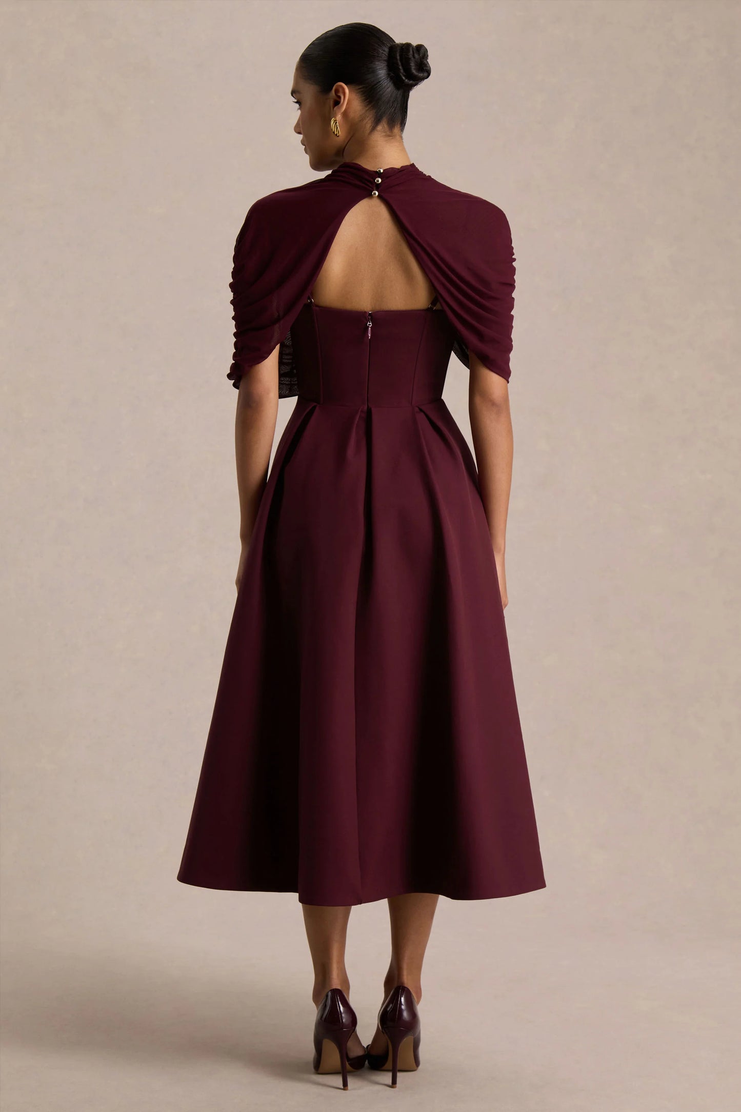 Thalia Burgundy High-Neck Midi Dress With Sheer Mesh Cape