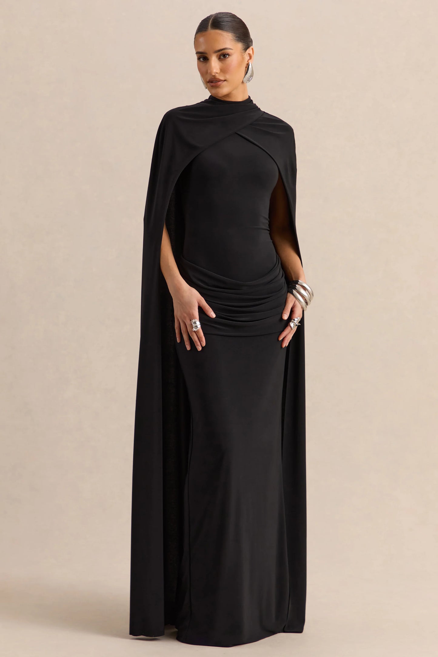 Dianelle Black High-Neck Maxi Dress With Cape-Sleeves