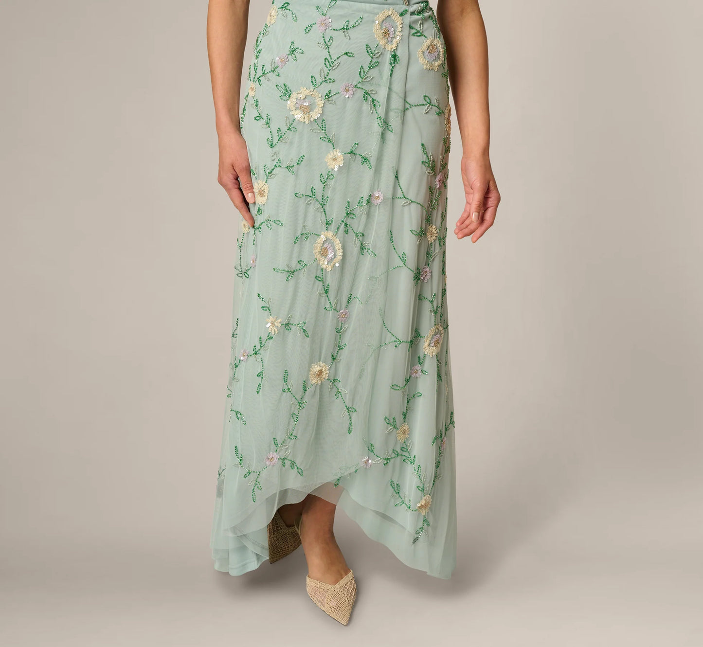 Flutter Sleeve Beaded Wrap Dress In Aqua Dust