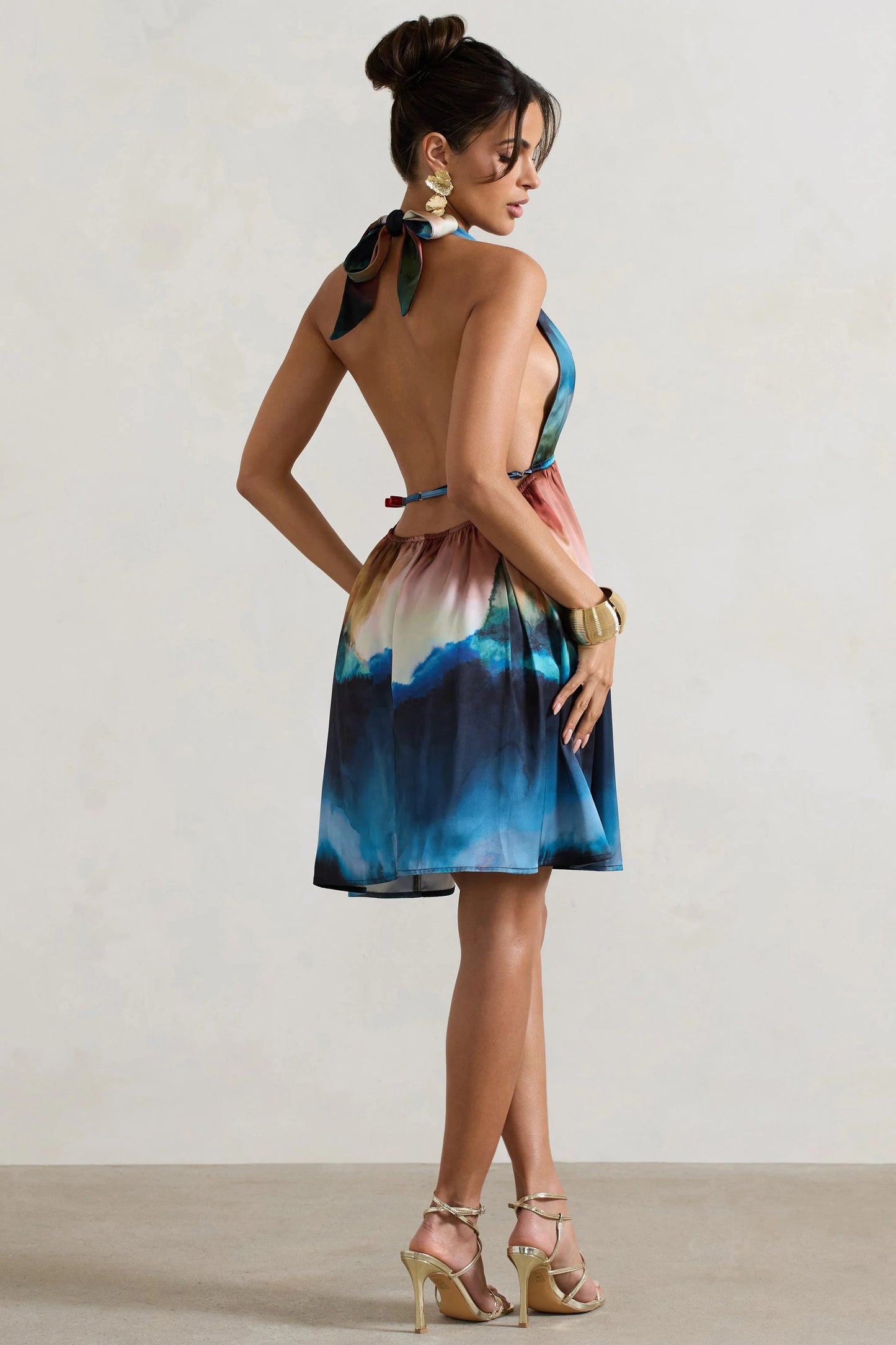 Naxos Multi Blur Print Plunge-Neck Babydoll Mini Dress