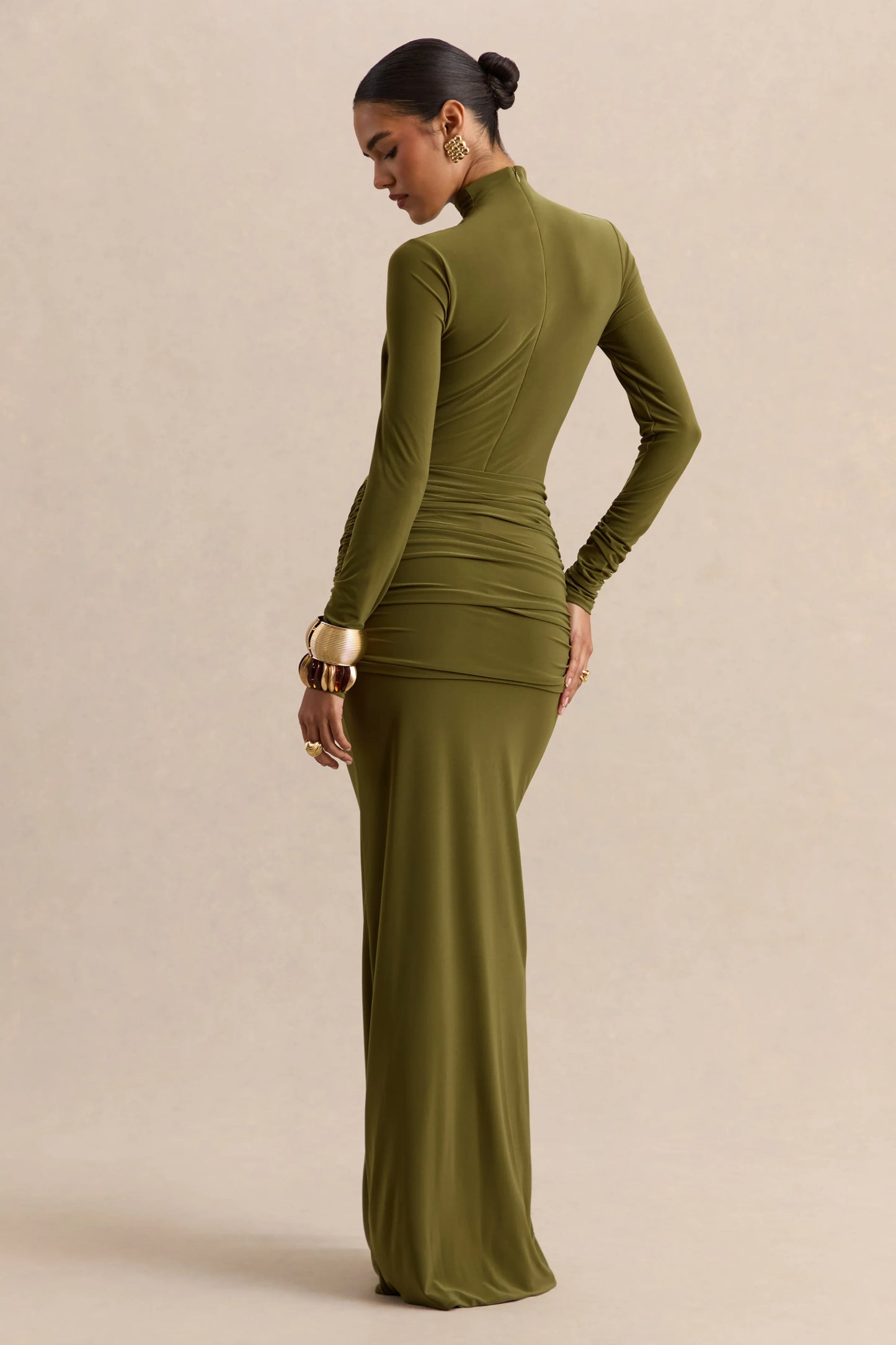 Ambrette Olive High-Neck Maxi Dress With Gathered-Detailing