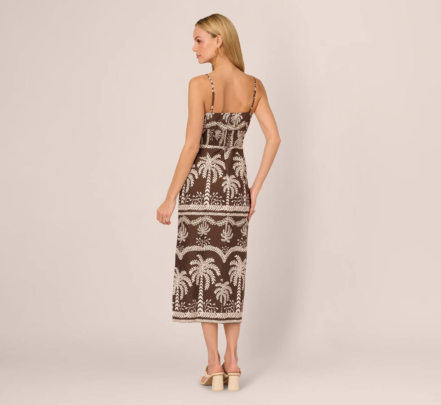 Sleeveless Bow Front Palm Tree Sundress In Brown Ivory