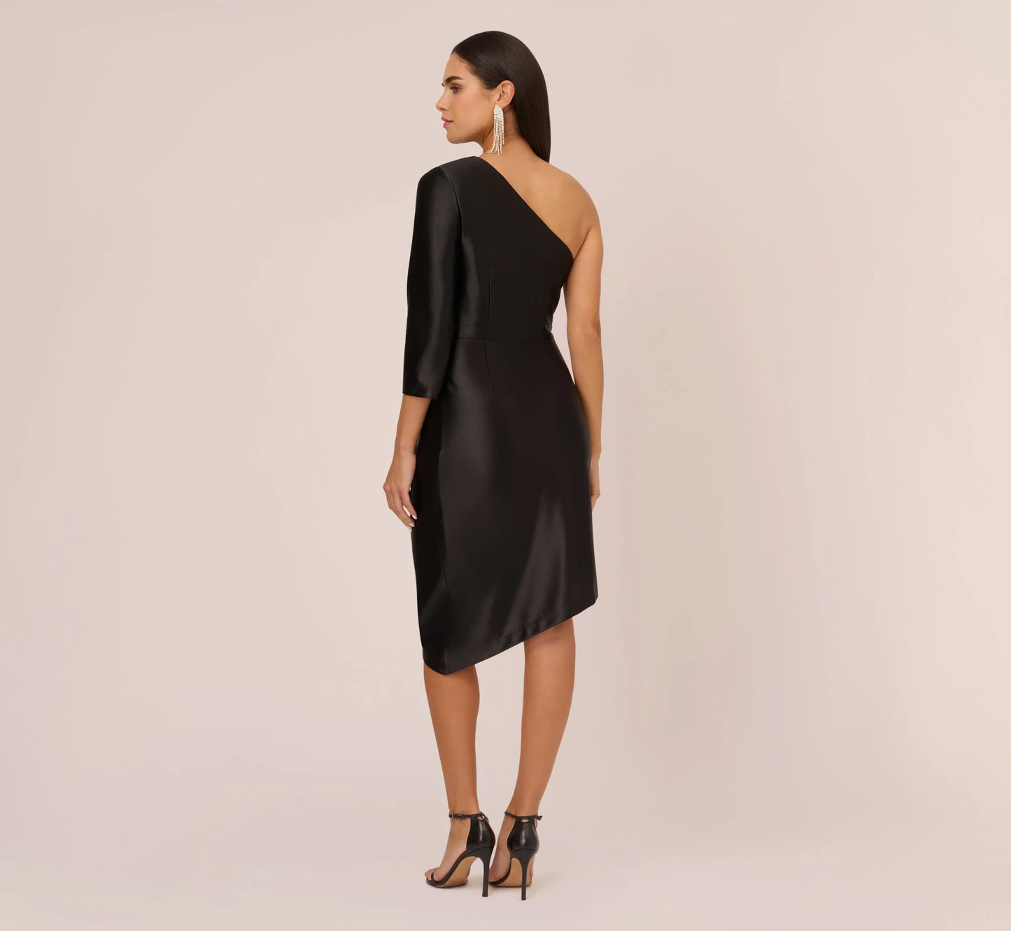 One Shoulder Satin Midi Dress With Three-Quarter Sleeve In Black