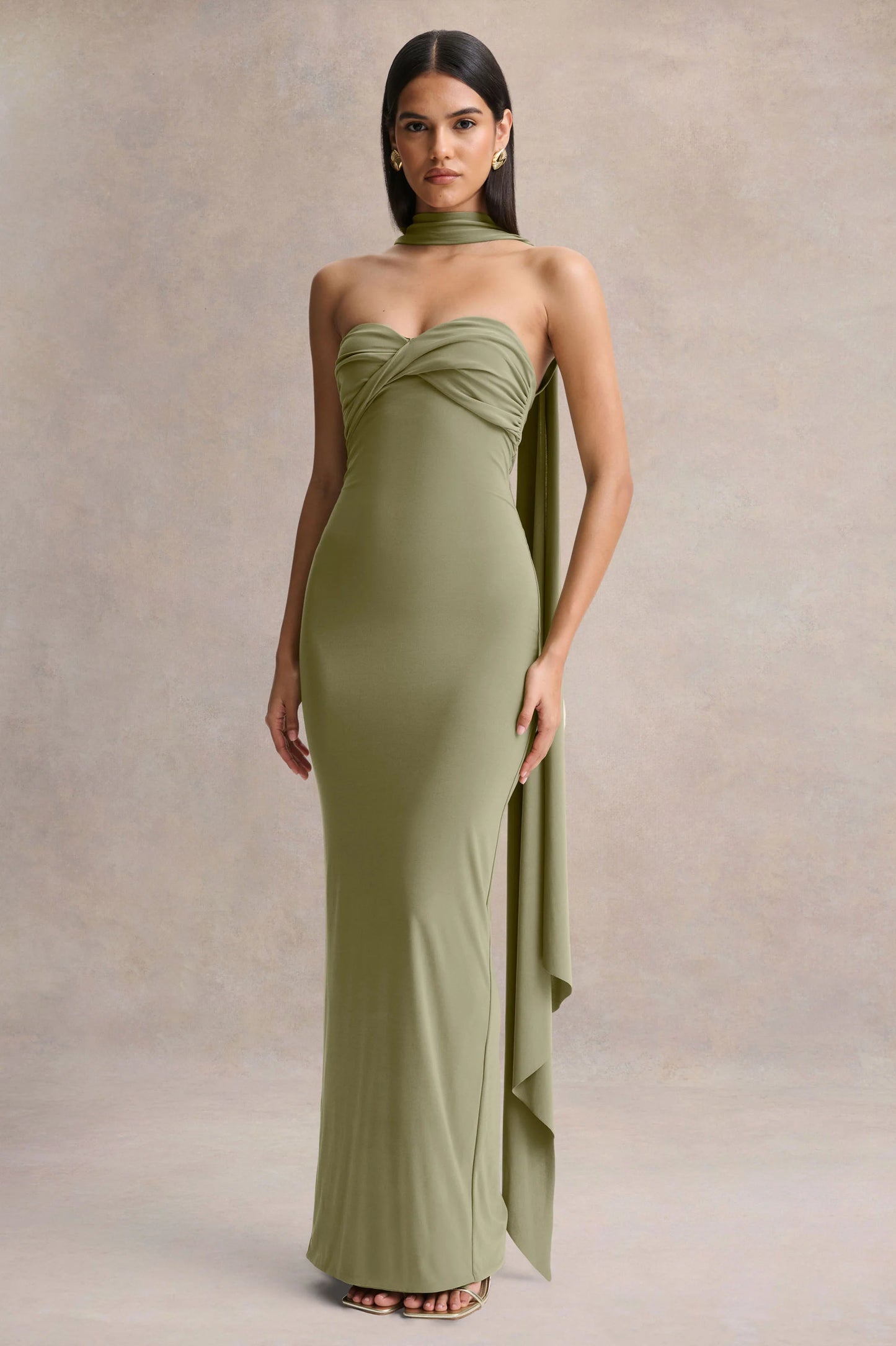 Sheila Olive Bandeau Maxi Dress With Scarf Detail