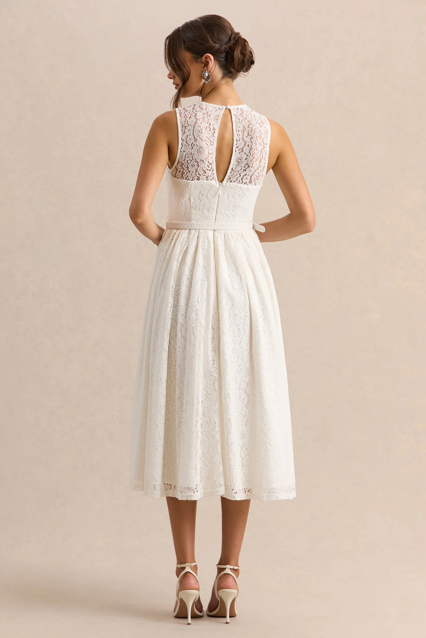 Anabella White Lace Crew-Neck Belted Midi-Dress