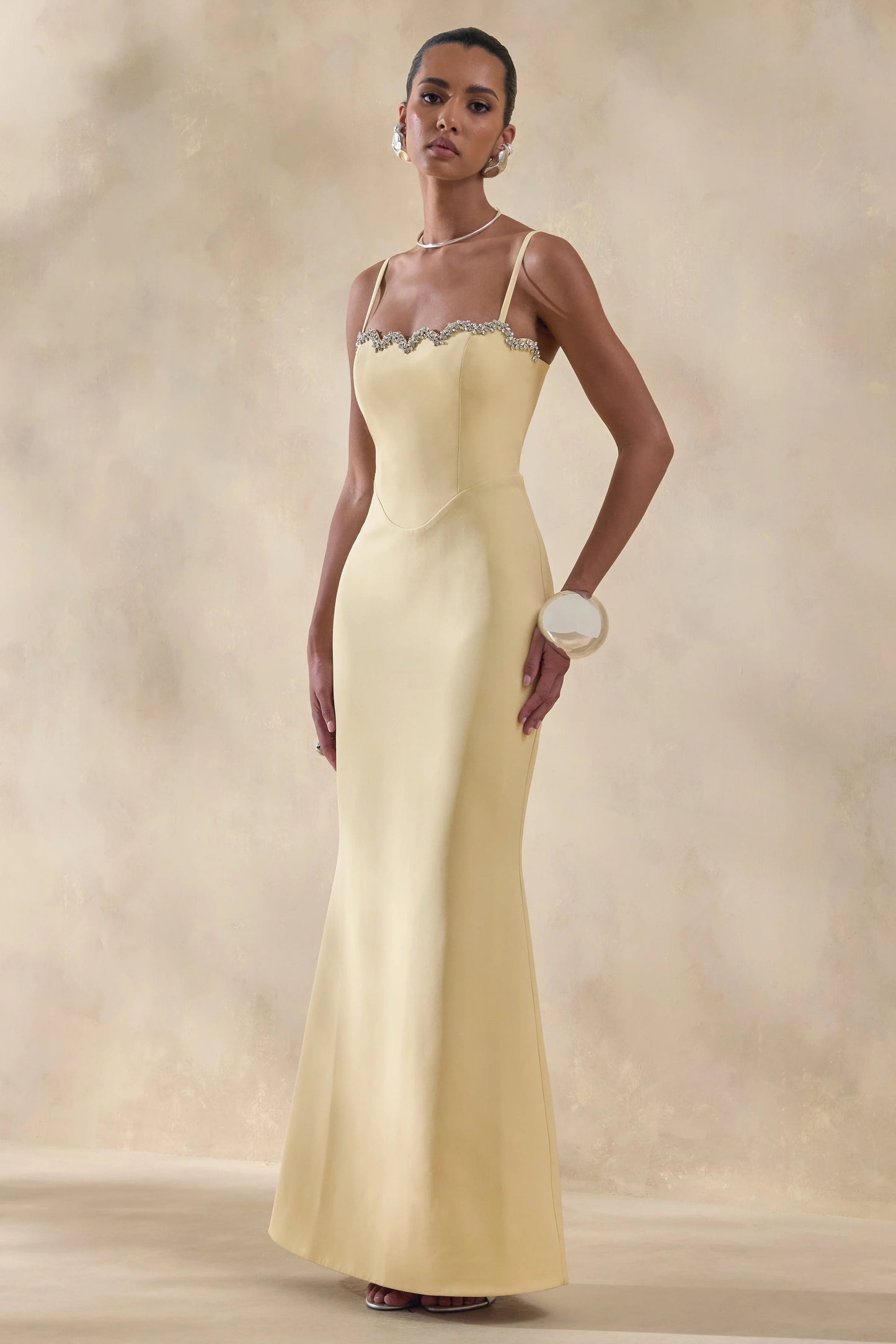 Story Lemon Scalloped Sweetheart-Neck Maxi Dress With Embellished-Detailing